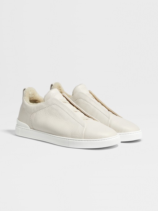 Zegna, White Deerskin Triple Stitch Low Top Sneakers, White, 6