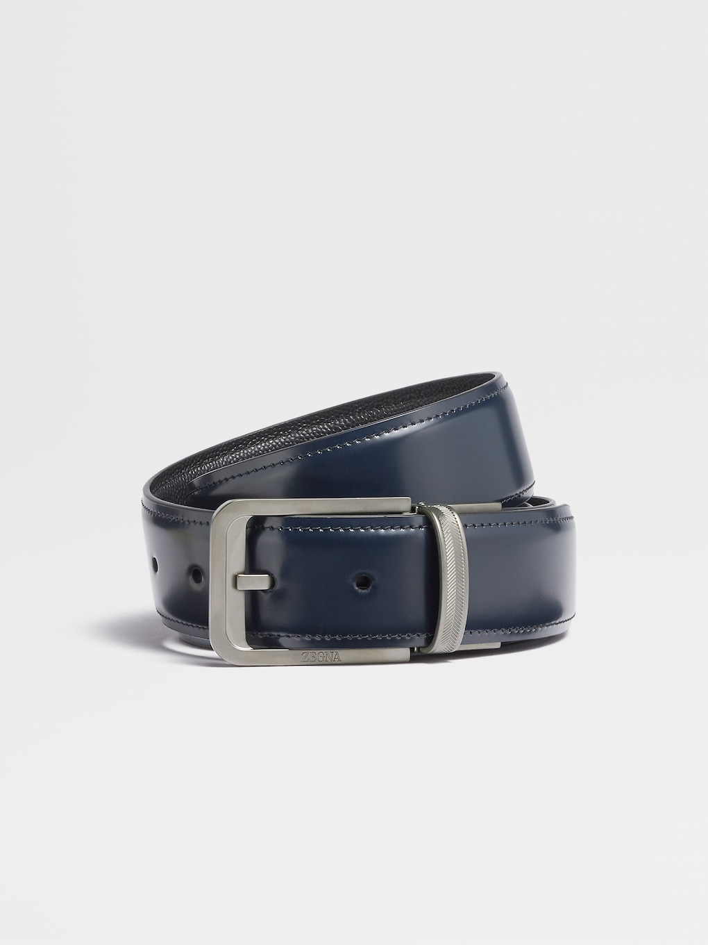 Blue Shiny Smooth Leather and Black Engraved Leather Reversible Belt ...