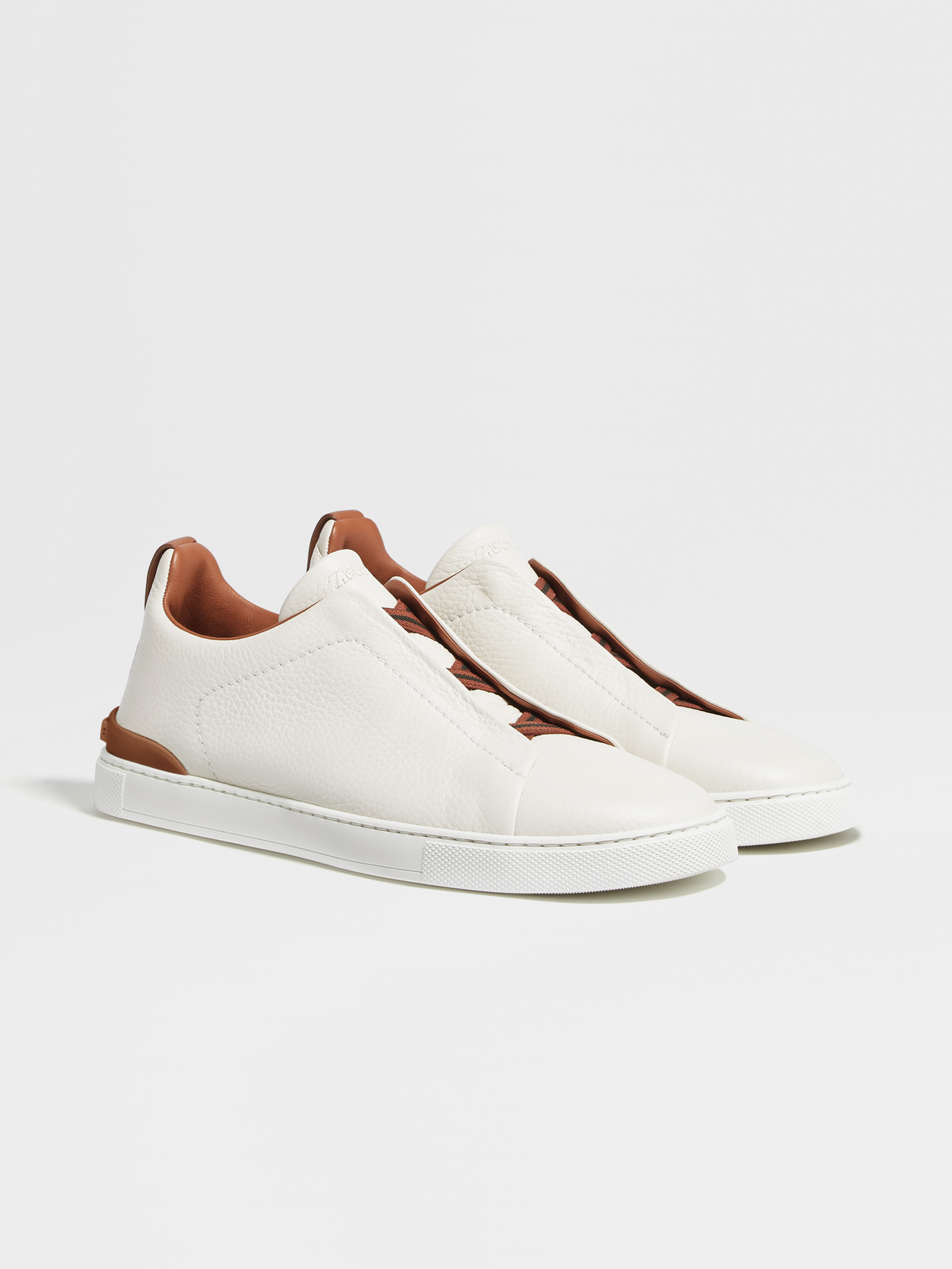 Zegna, White Deerskin Triple Stitch Low Top Sneakers, White, 6.5