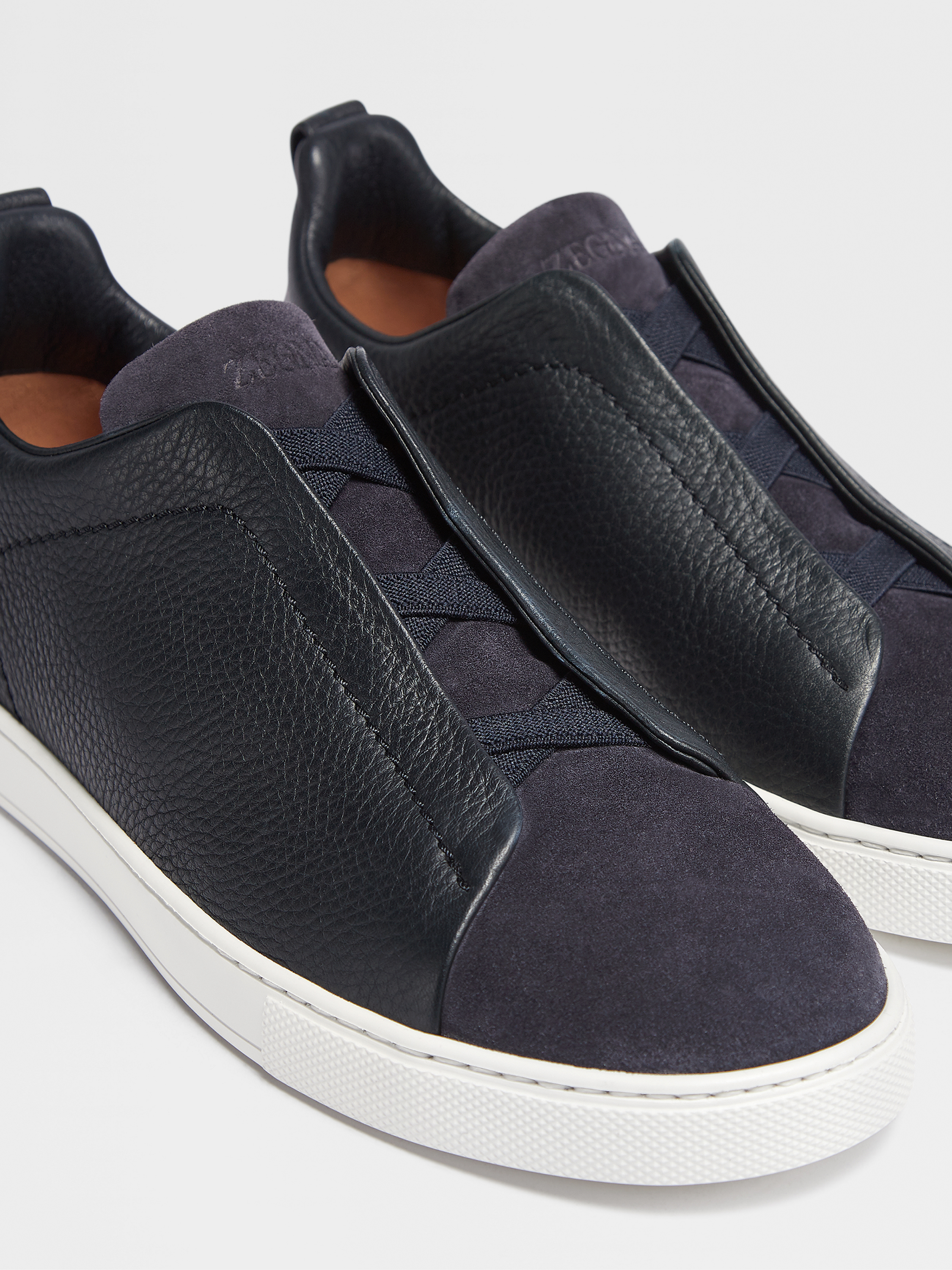 Navy Blue Grained Leather and Suede Triple Stitch™ Low Top Sneakers