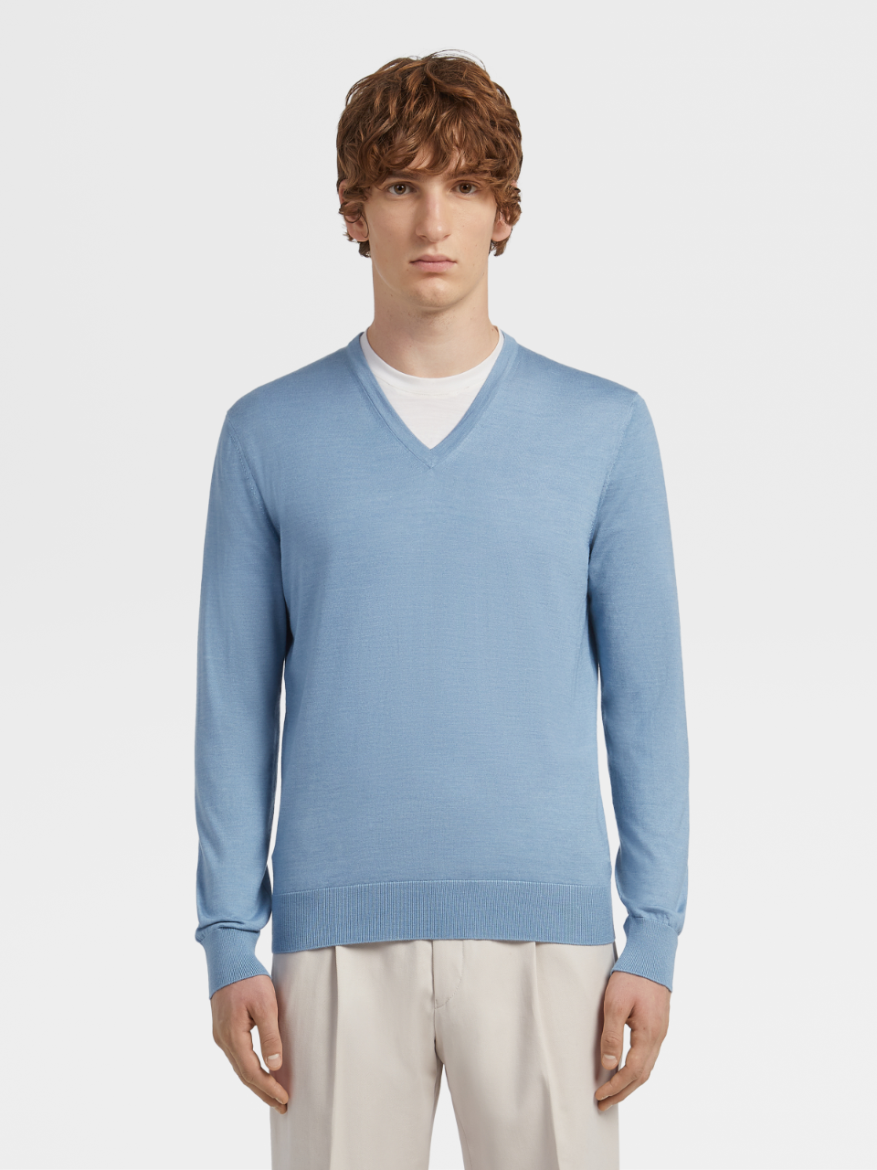 浅蓝色cashseta Light 山羊绒和桑蚕丝v领毛衣ss22 10367793 Zegna