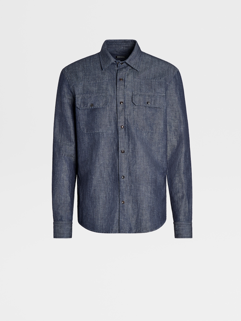 Ink Blue Cotton and Linen Rinse Washed Denim Long-sleeve Shirt