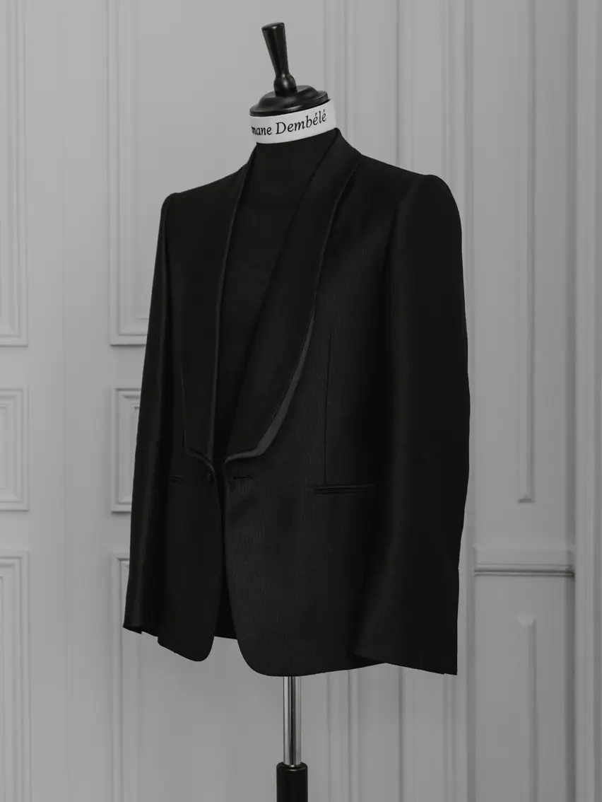 Nahaufnahme des maßgeschneiderten ZEGNA Smokings, der exklusiv für Ousmane Dembélé angefertigt wurde.