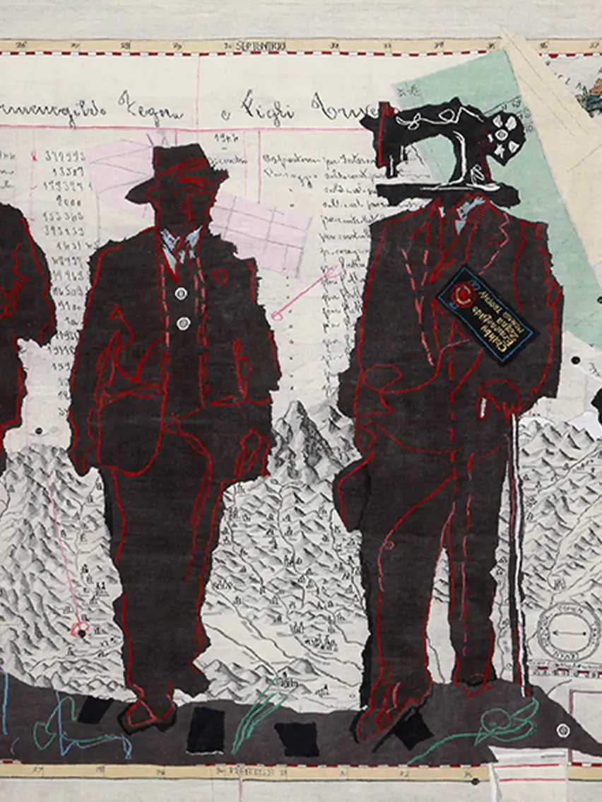 A detailed artwork by William Kentridge featuring layered, complex black-and-white illustrations.