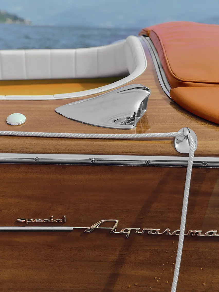 Close up detail of classic riva aquarama wooden boat craftsmanship.