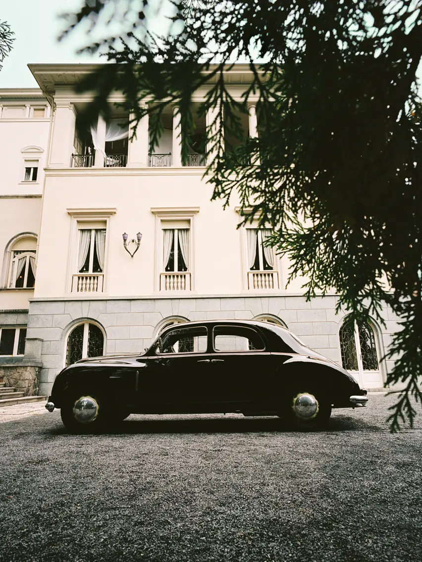 Close-up of the front detail of a black car.