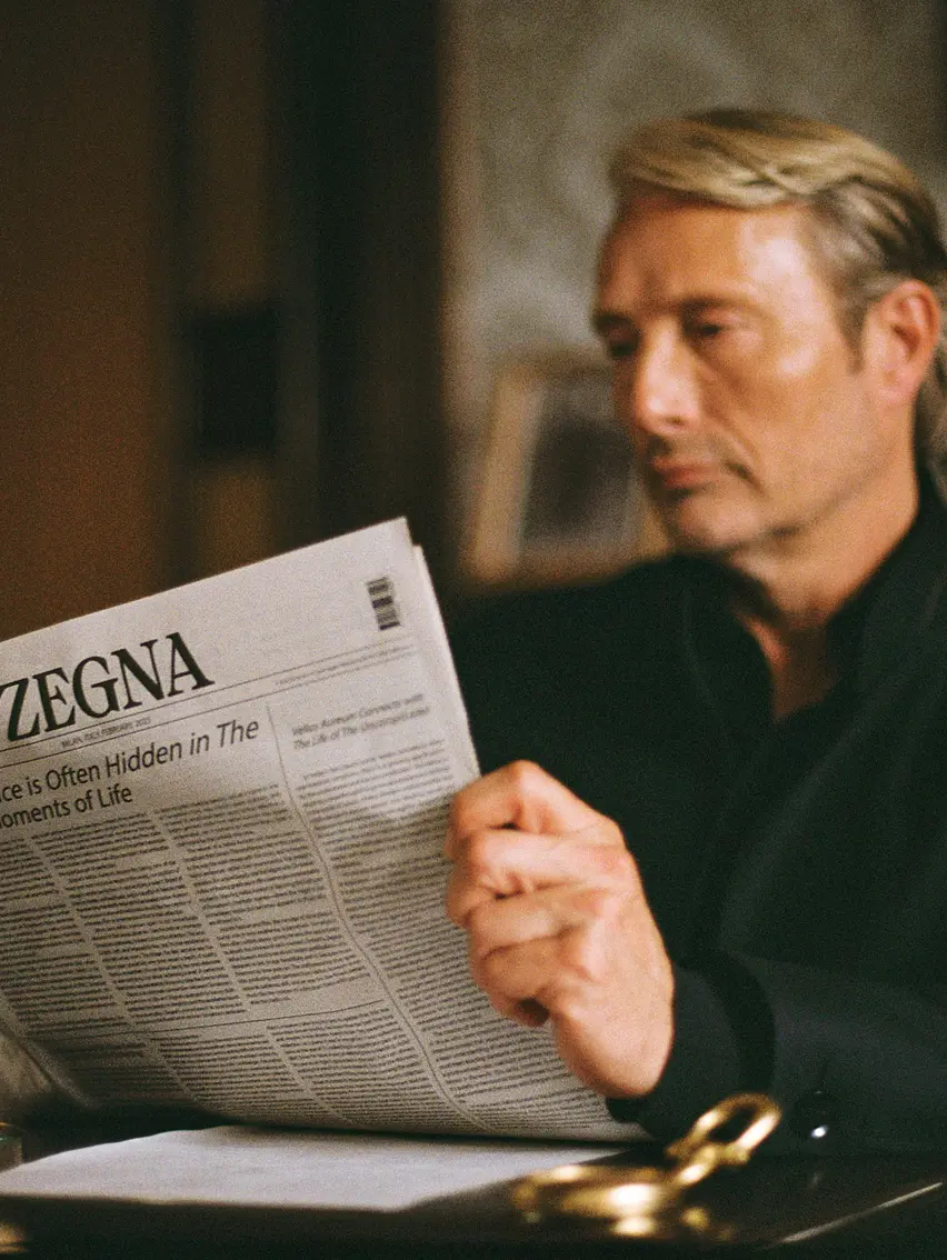 Mads Mikkelsen wearing a ZEGNA outfit while reading a newspaper.