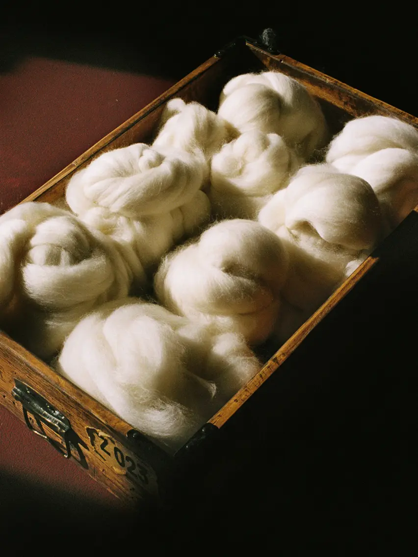 Close-up of natural fibers arranged in soft volumes, highlighting texture, purity and material depth.