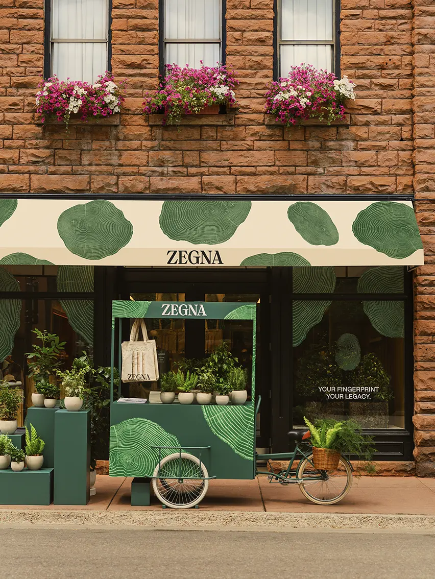 ZEGNA boutique storefront featuring the Your Fingerprint, Your Legacy campaign.