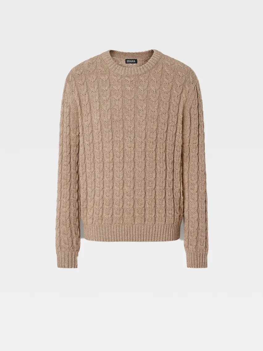 Beige Mélange Linen Cashmere and Silk Crewneck