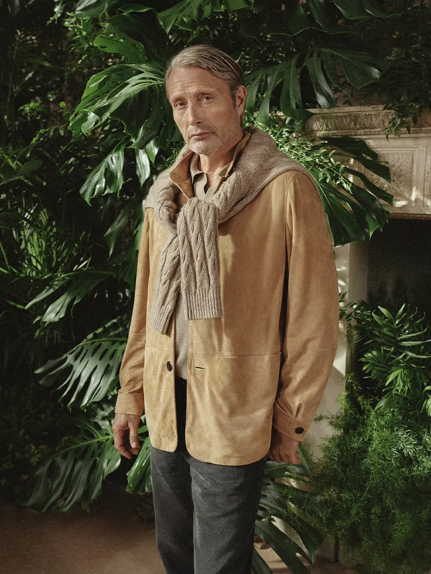 Mads Mikkelsen in the SECONDSKIN Conte Jacket and melange linen-cashmere-silk sweater, ZEGNA SS26.