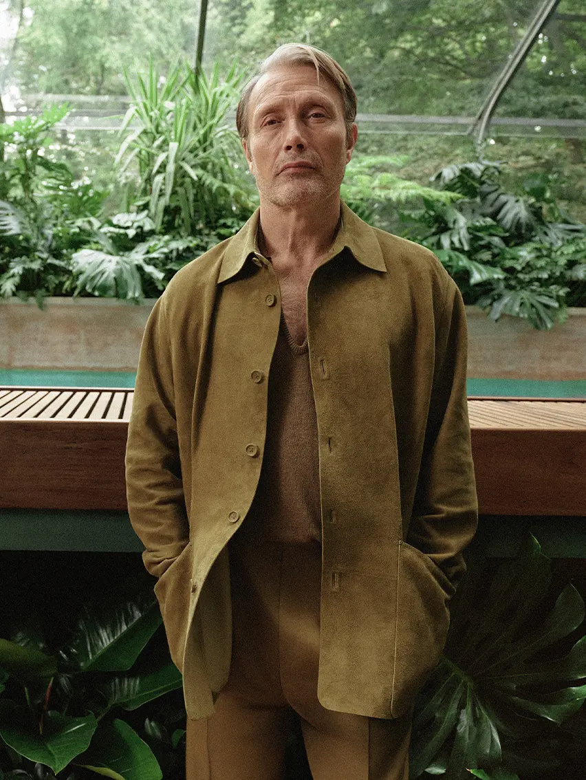 Mads Mikkelsen wearing a SECONDSKIN leather jacket and trousers from ZEGNA fashion show ss26.