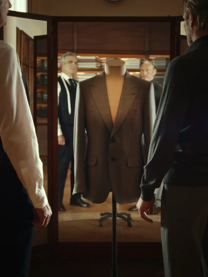 Mads Mikkelsen during a tailoring fitting at a ZEGNA atelier.