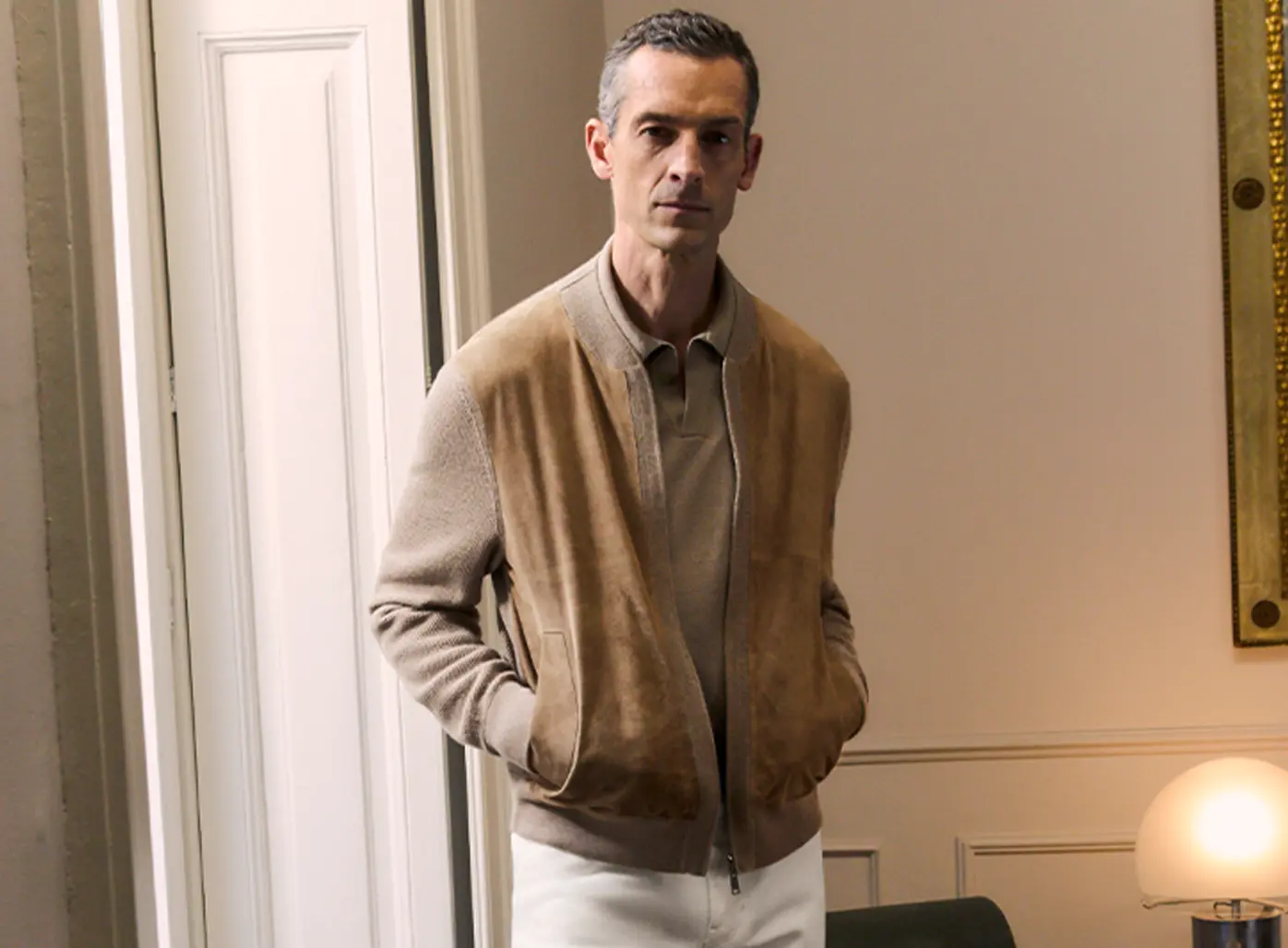 Man wearing a cashmere bomber from the ZEGNA SS26 collection.