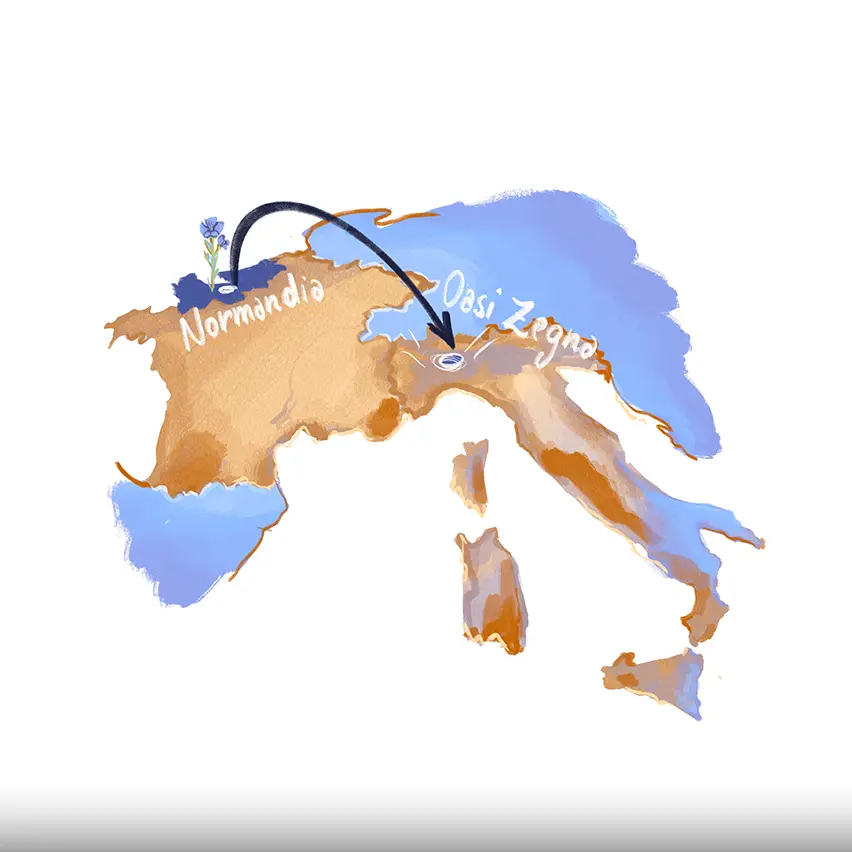 ノルマンディーからイタリアまでのZEGNAリネン街道を示した地図。