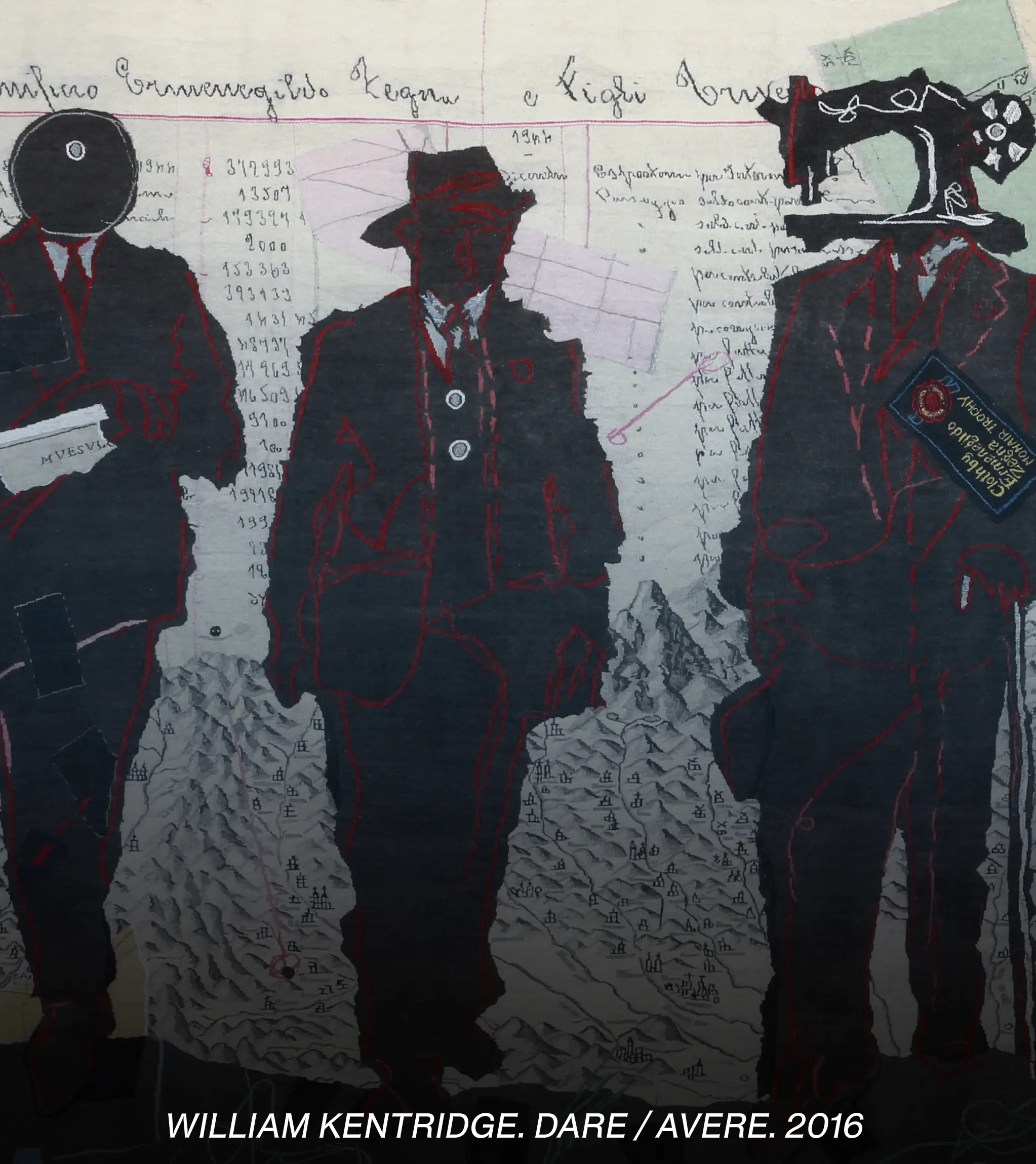 A detailed artwork by William Kentridge featuring layered, complex black-and-white illustrations.