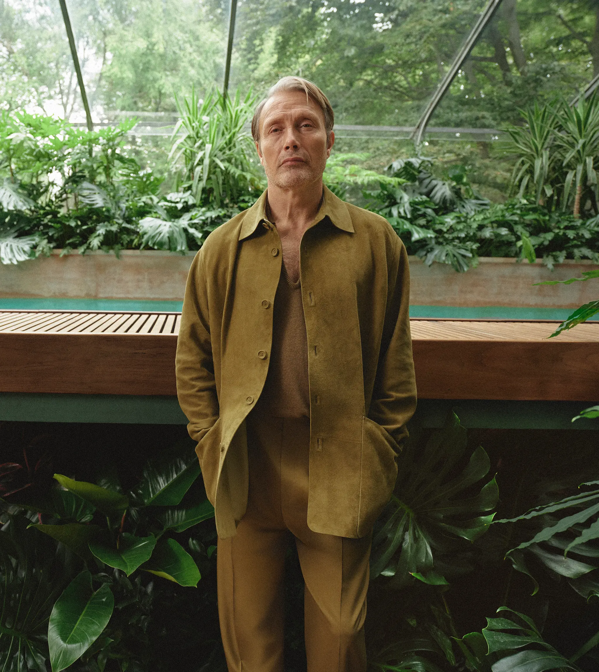 Mads Mikkelsen wearing a SECONDSKIN leather jacket and trousers from ZEGNA fashion show ss26.