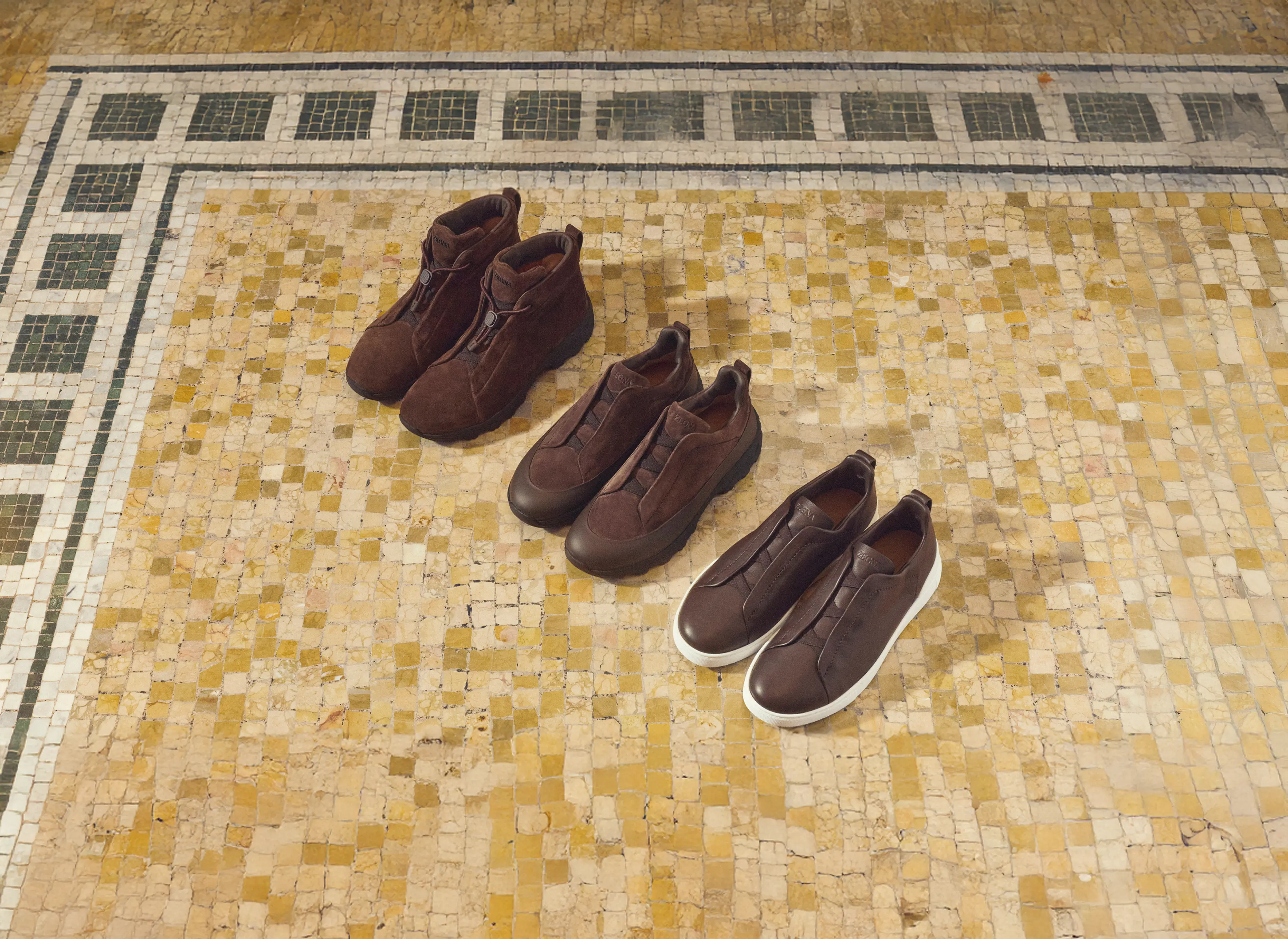 New season ZEGNA men’s Triple Stitch low top, Monte and Vetta sneakers.