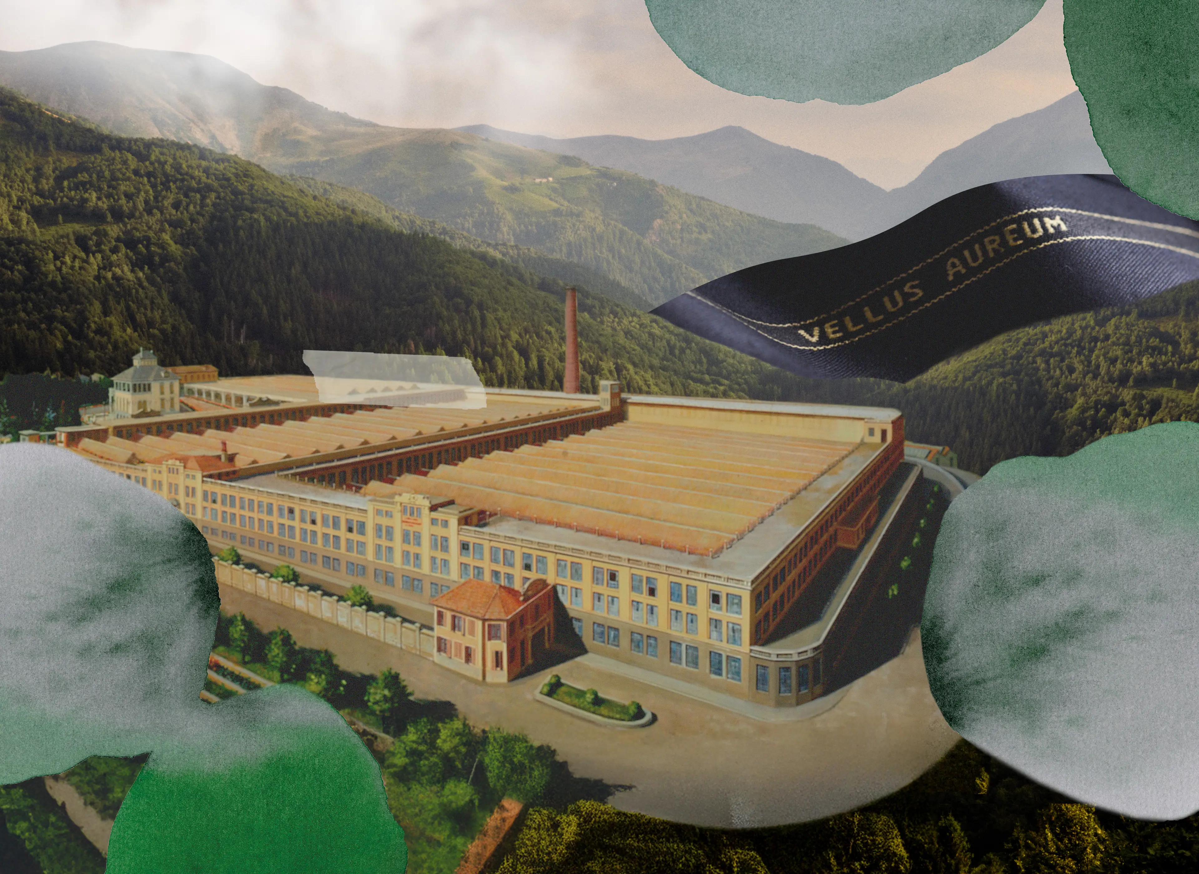 A detailed painting depicting the Lanificio Ermenegildo Zegna factory complex set against a backdrop of green hills and a partly cloudy sky.
