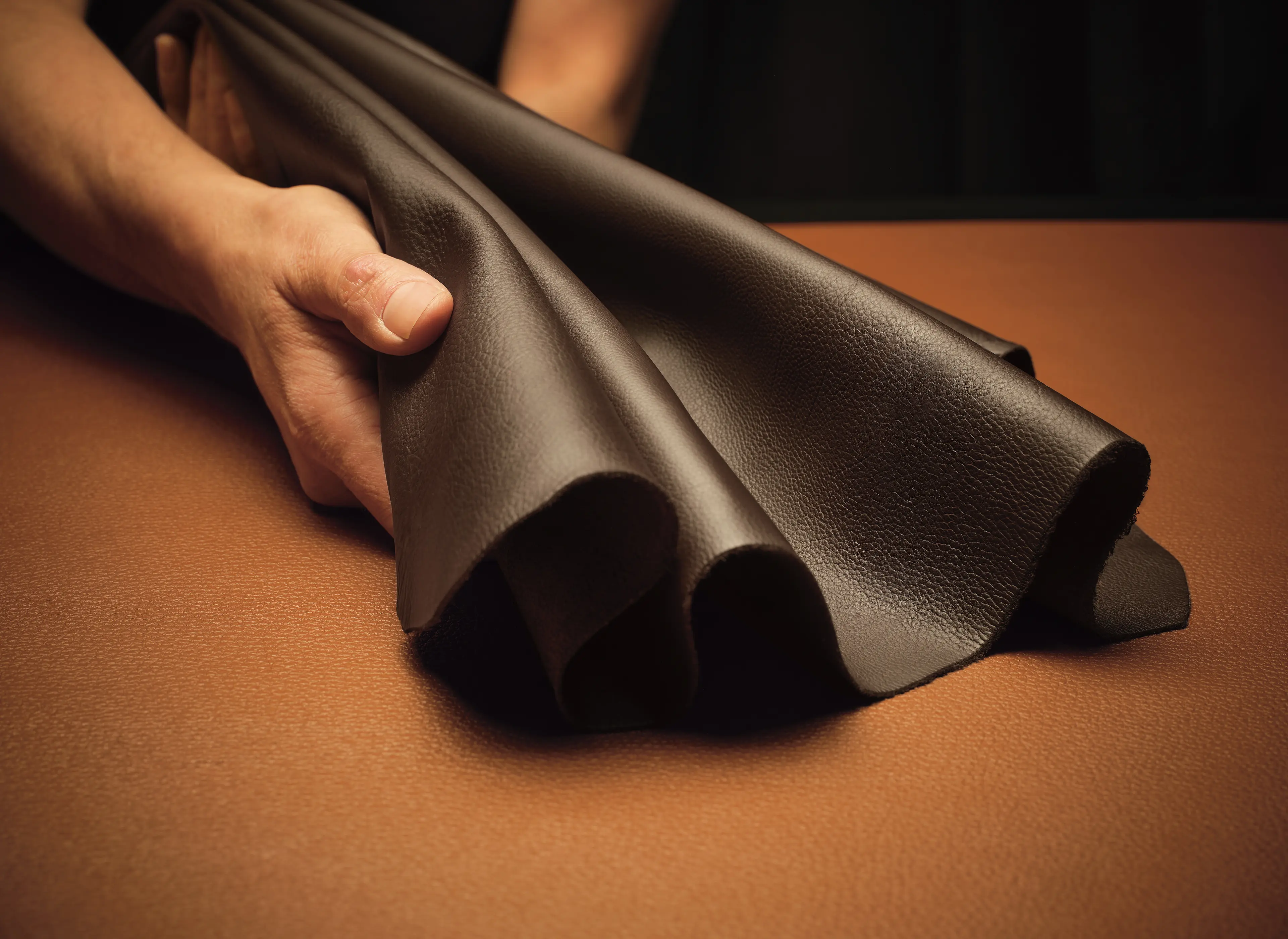 Image of a ZEGNA laboratory where SECONDSKIN leather is produced. Detail of a craftsman's hand holding a piece of brown leather.