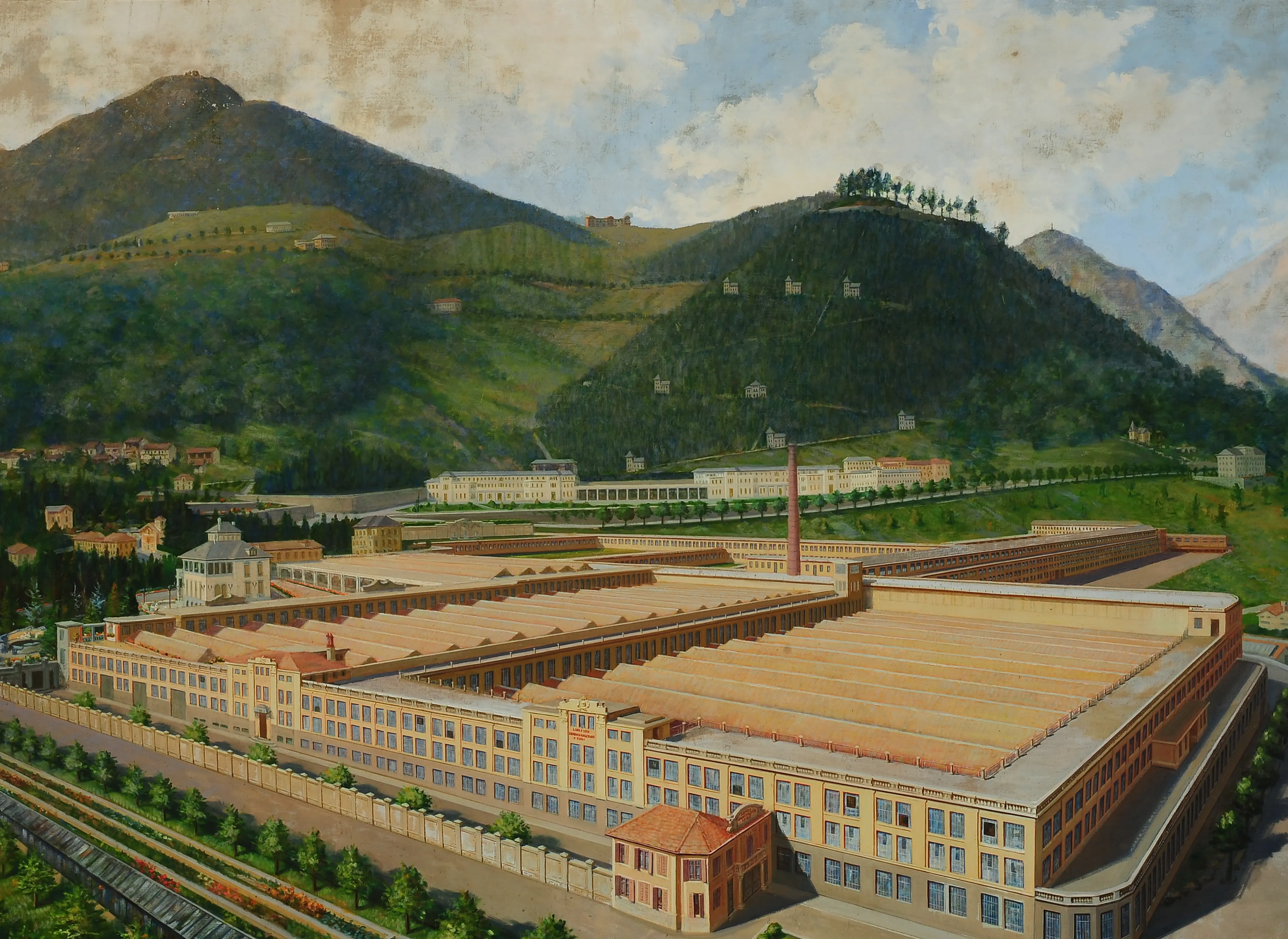 A detailed painting depicting the Lanificio Ermenegildo Zegna factory complex set against a backdrop of green hills and a partly cloudy sky.