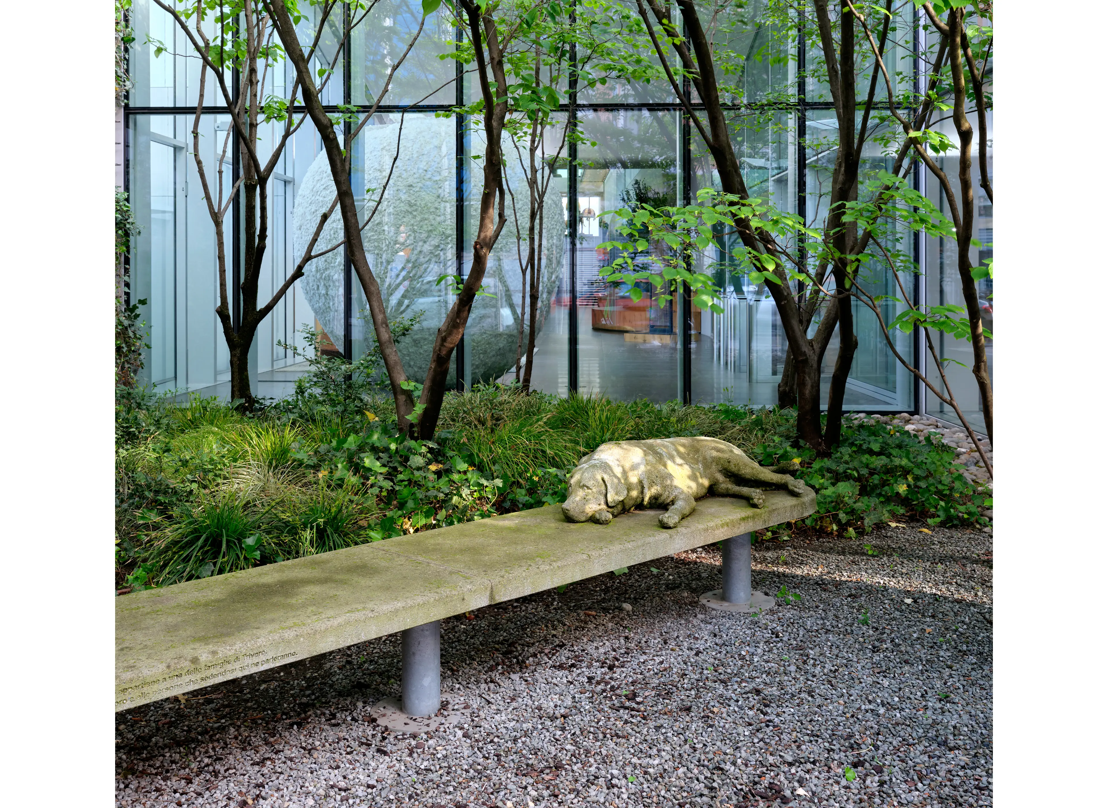 Alberto Garutti Dedicato alle persone che sedendosi qui ne parleranno outdoor concrete bench sculpture 2009 at ZEGNA HQ.