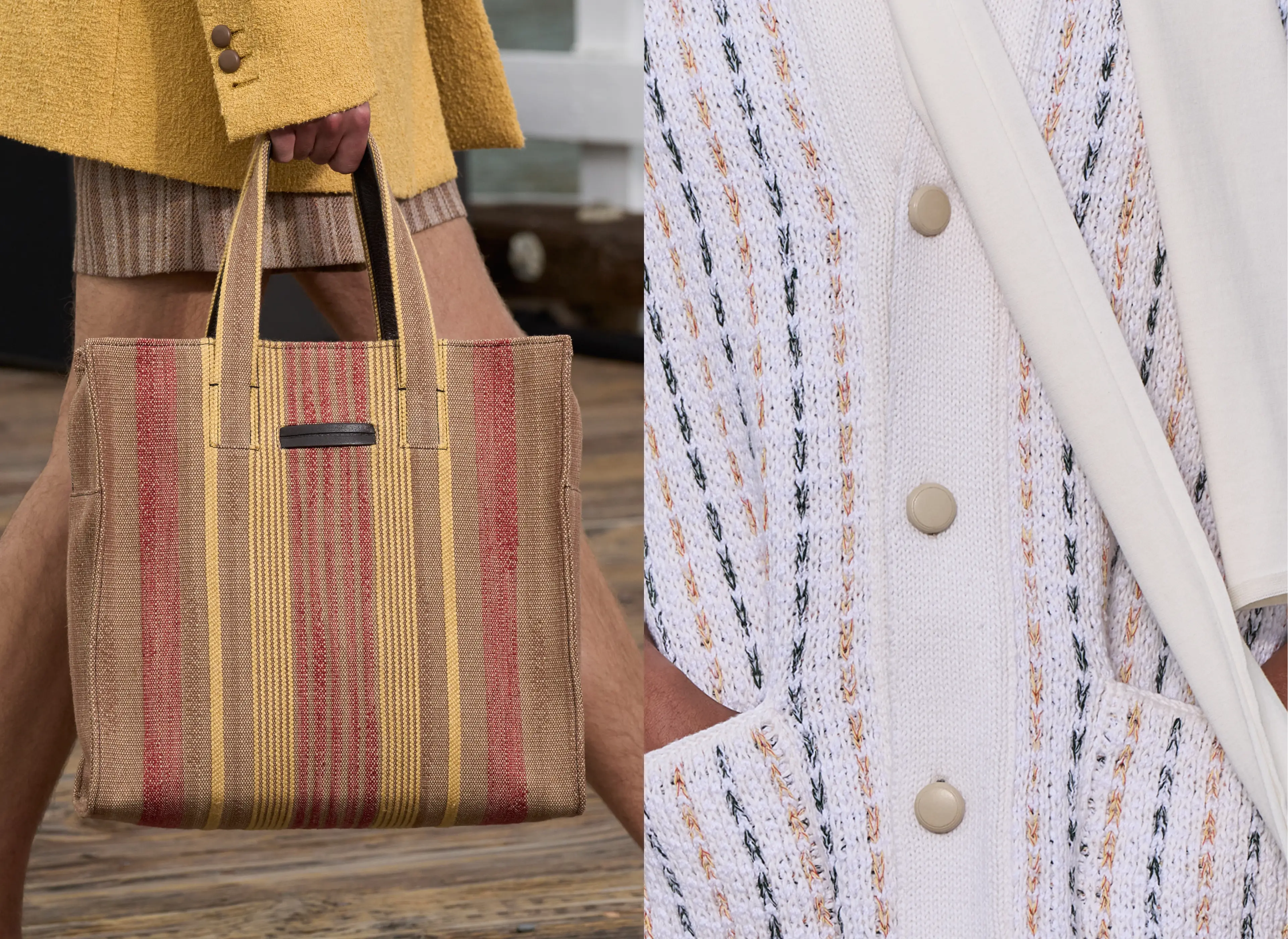 Colorful bag and cardigan's buttons detail - ZEGNA Fashion Show Summer 2027.