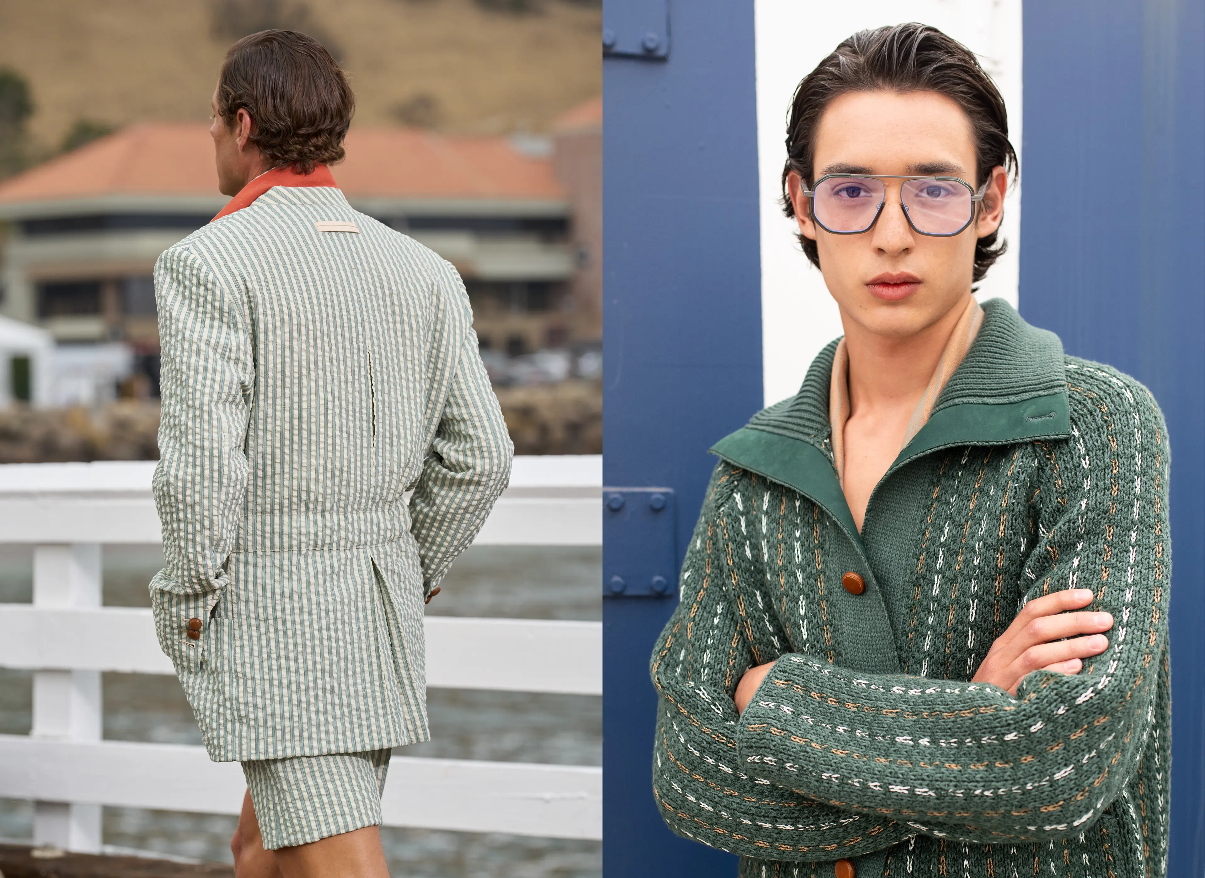 Backside of an overcoat and model wearing a green cardigan - ZEGNA Fashion Show Summer 2027.
