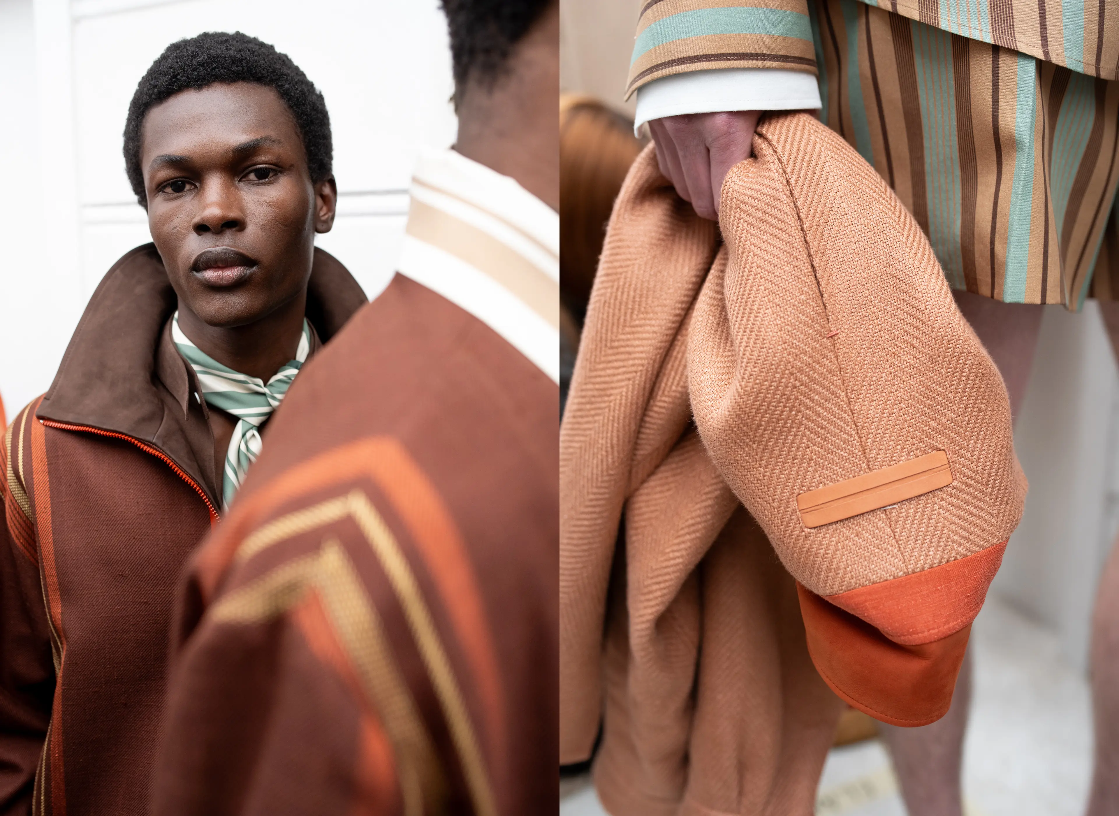 Overcoat held in a hand and model with brown jacket - ZEGNA Fashion Show Summer 2027.