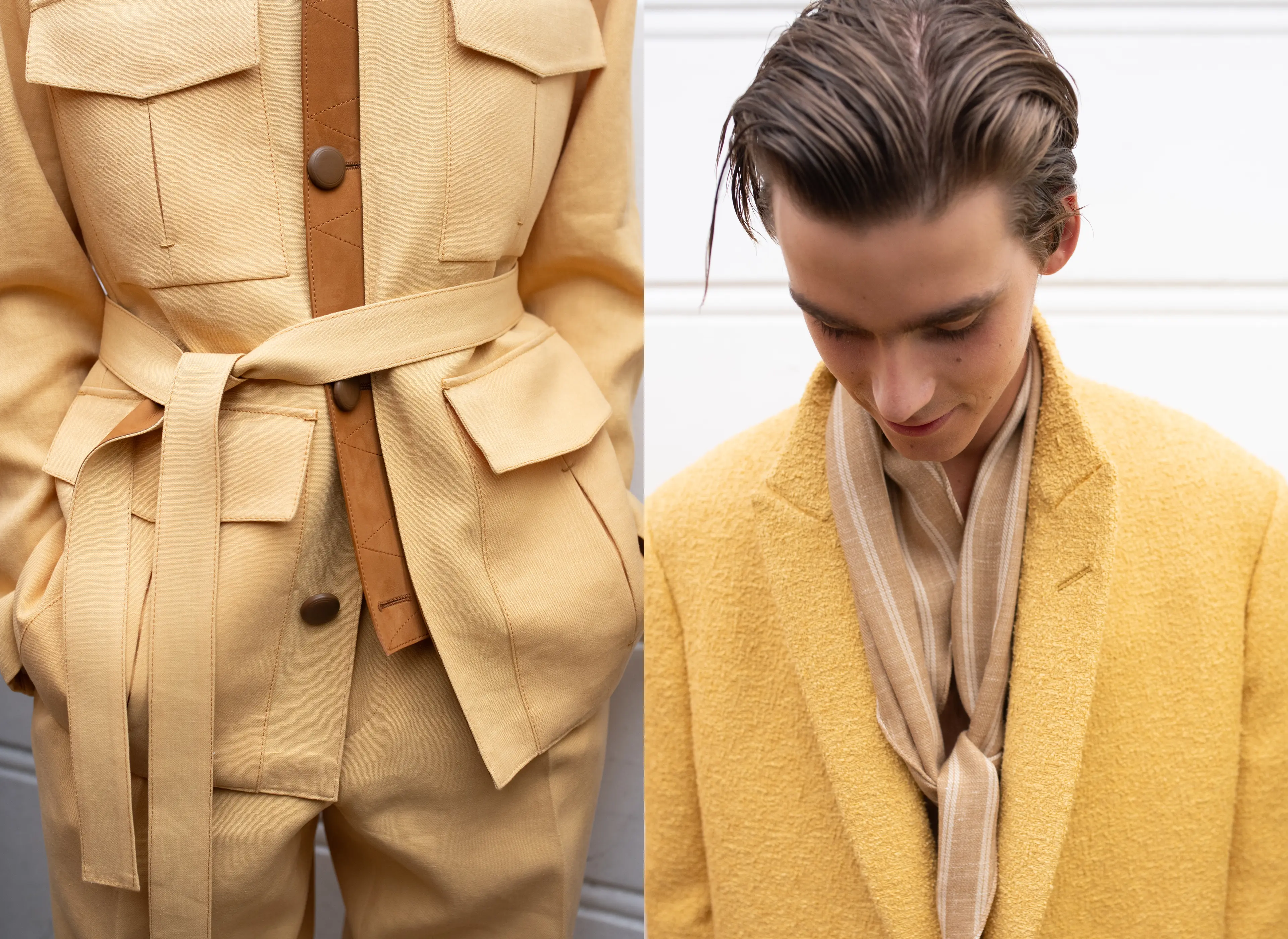 Close-up of model with a yellow jacket and of a yellow jacket with belt - ZEGNA Fashion Show Summer 2027.