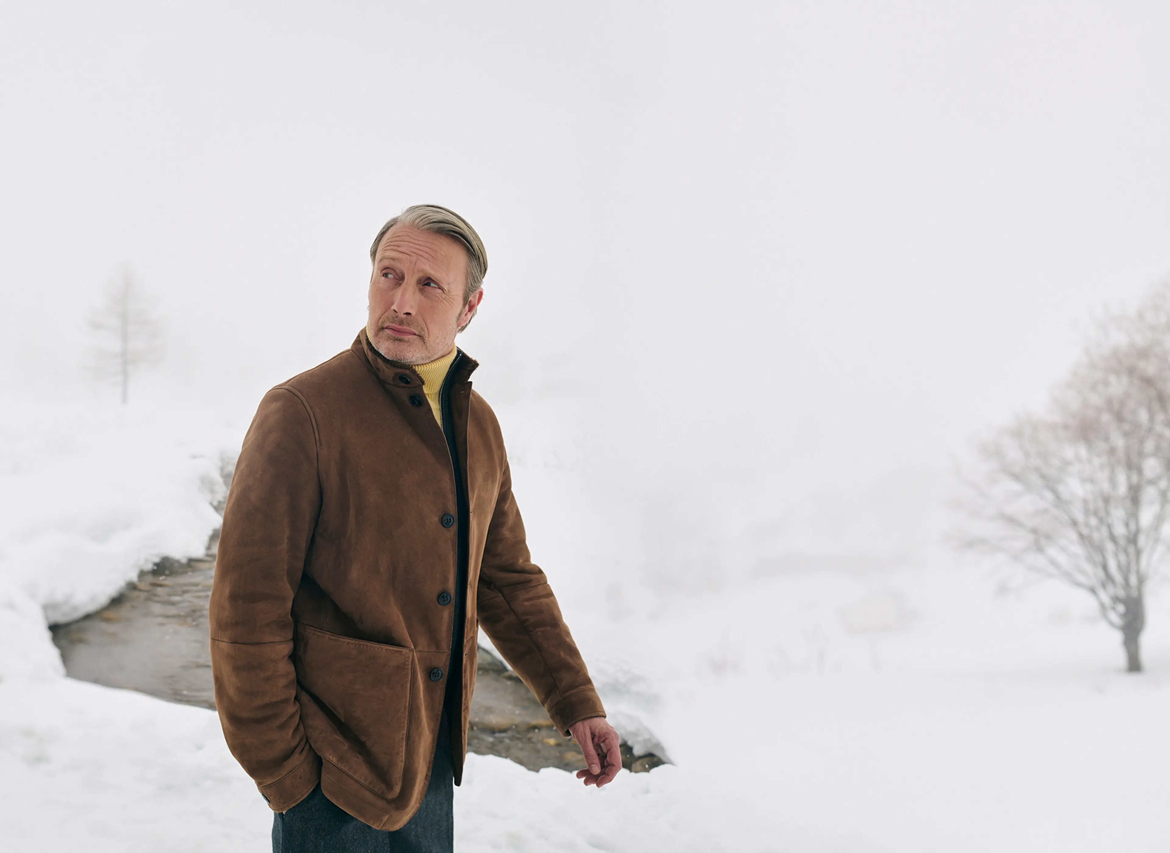 Mads Mikkelsen wearing a ZEGNA winter look featuring a Conte jacket.