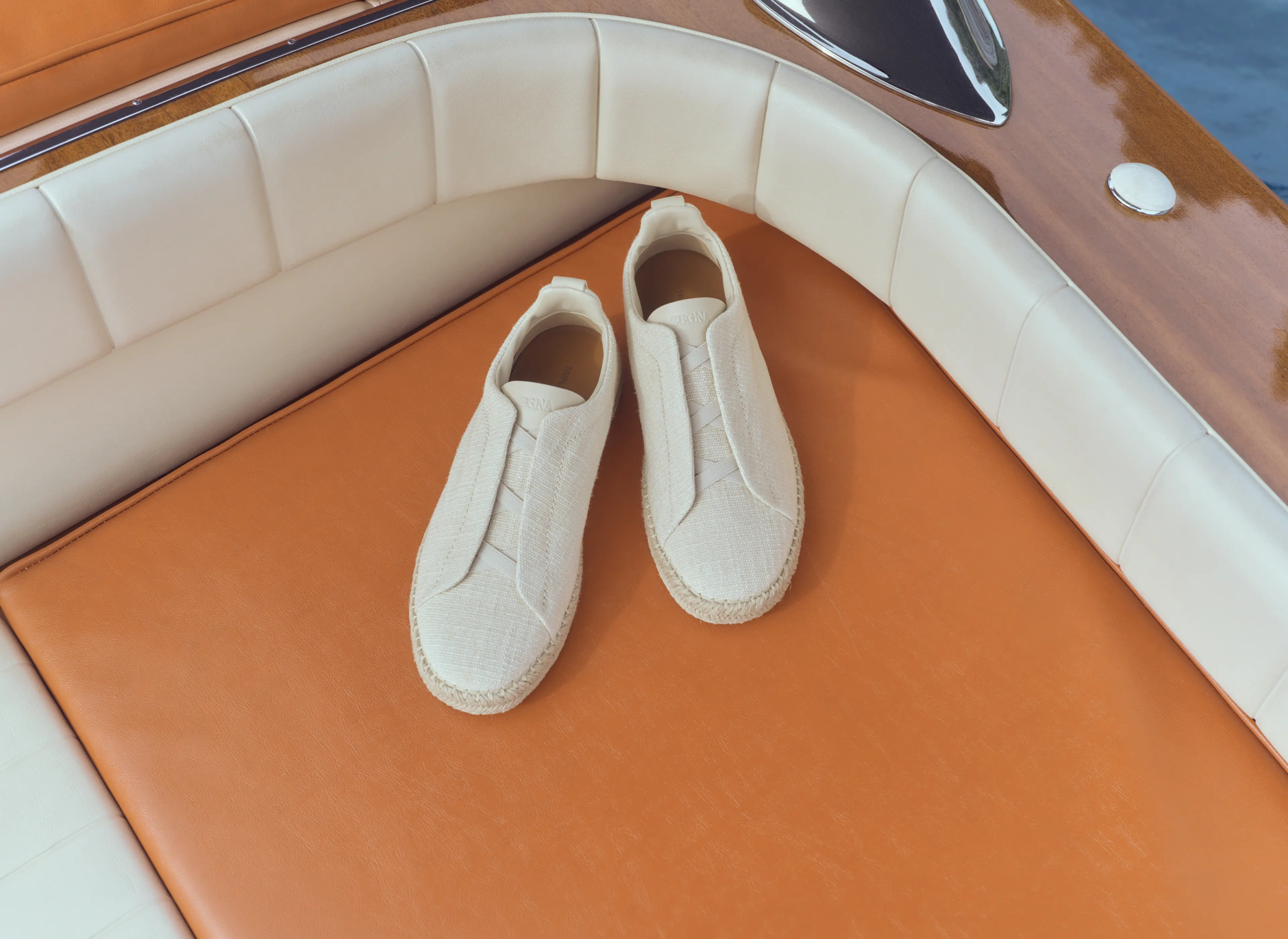 Close-up of ZEGNA Triple Stitch espadrilles in linen from the Spring Summer 2026 collection.