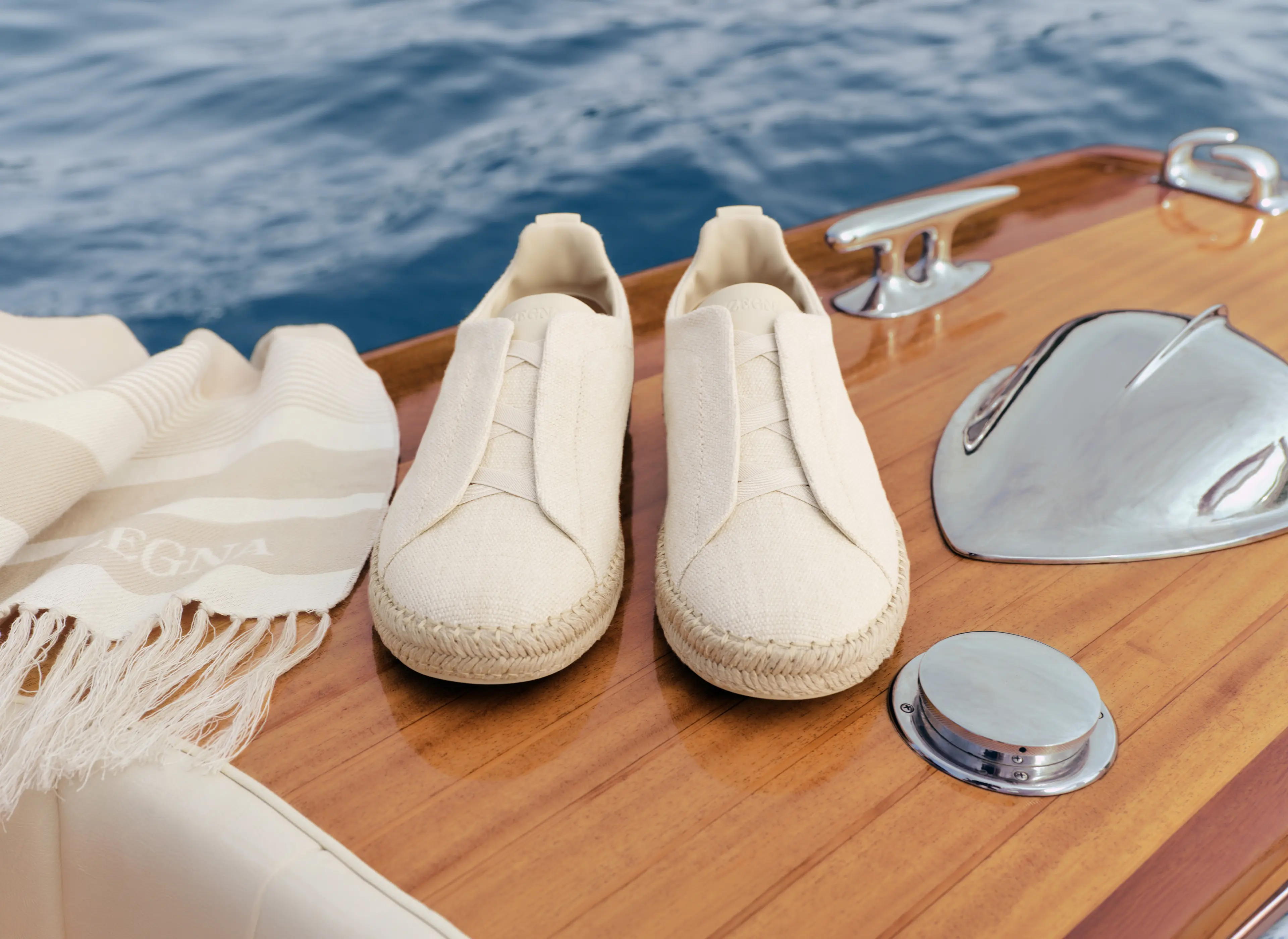 Close-up of ZEGNA Triple Stitch espadrilles in linen from the Spring Summer 2026 collection.