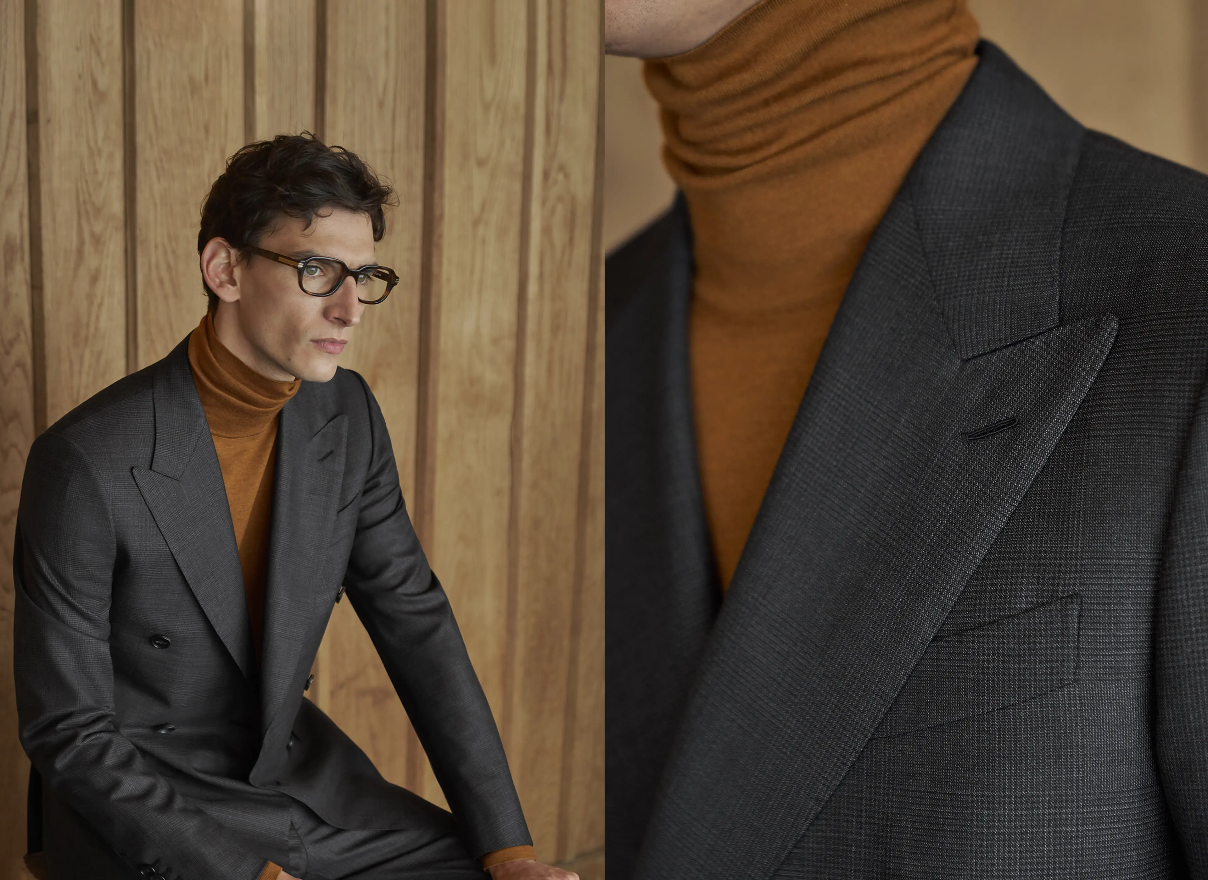 Man wearing a ZEGNA dark grey double-breasted suit blazer paired with an orange turtleneck from the new fall/winter collection.
