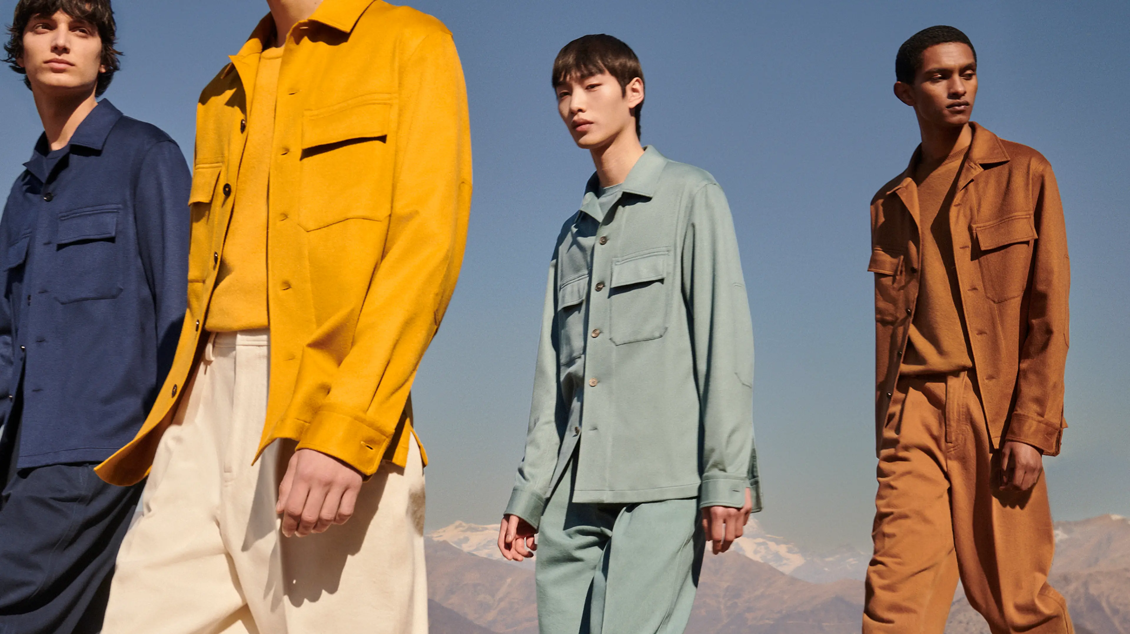 Four men wearing overshirts in different variant colours from the Zegna OASI Cashmere Fall Winter 2022 collection