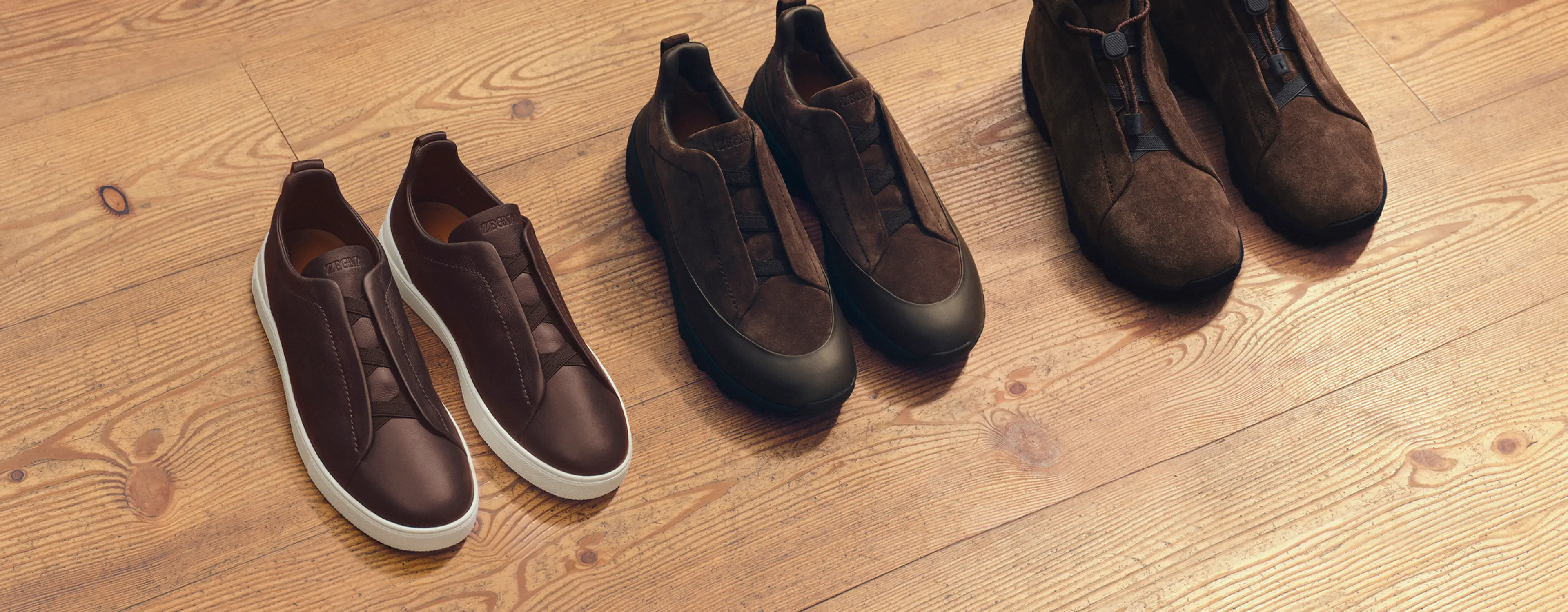 Close up of  Monte Sneakers, Triple Sticht Sneakers and Vetta Boots from the men’s Fall Winter 2025 collection ZEGNA.