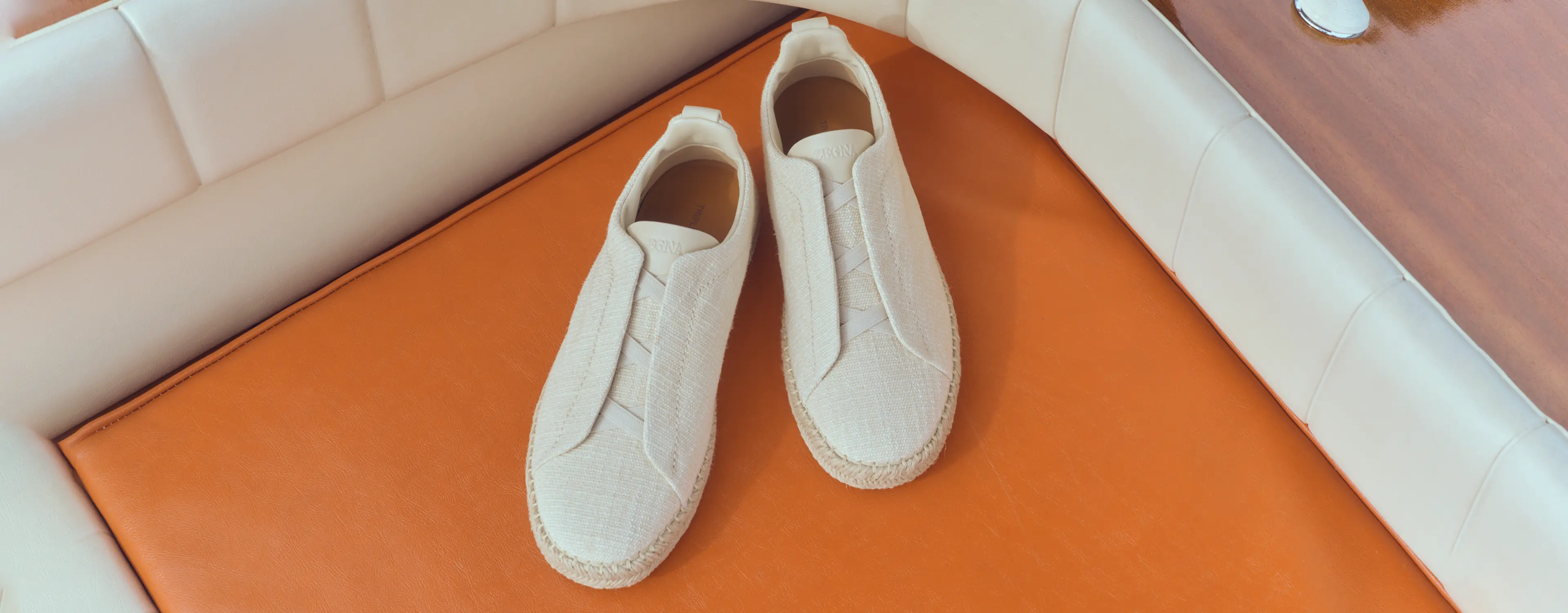 Close-up of ZEGNA Triple Stitch espadrilles in linen from the Spring Summer 2026 collection