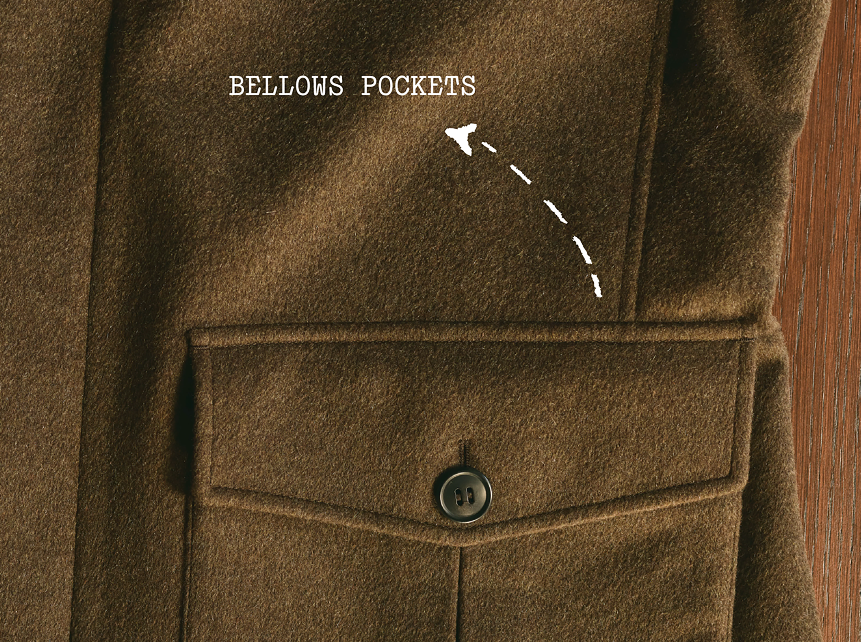 Detail of the bellows pocket with button closure of the Oasi Cashmere Falcon Jacket in brown, ZEGNA Fall/Winter 2026 collection.