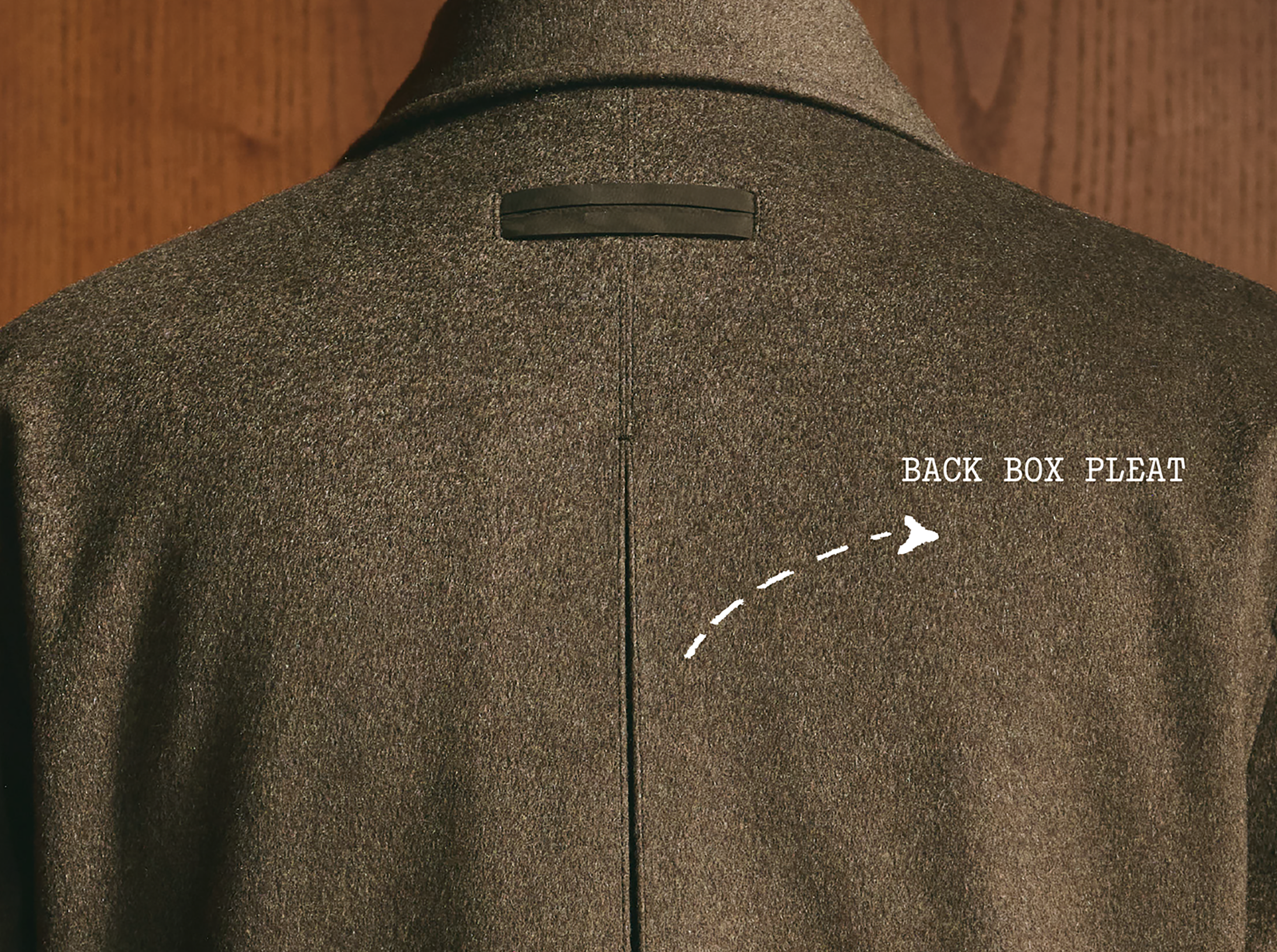 Detail of the back box pleat of the Oasi Cashmere Falcon Jacket, ZEGNA Fall/Winter 2026 collection.