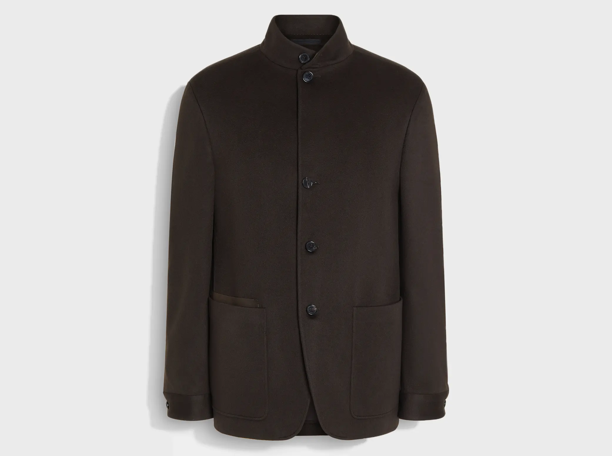 Il Conte men's jacket by ZEGNA in dark brown, with a high collar, four buttons, and two large front pockets.