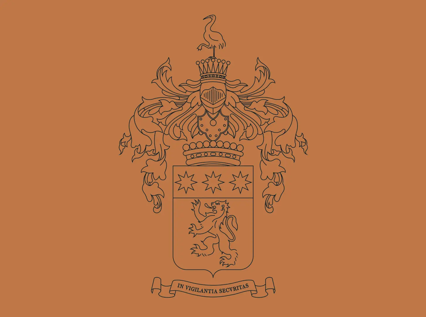 Zegna family crest: a heraldic shield with three stars above a lion, topped by a crown and a bird. A banner below reads 'IN VIGILANTIA SECURITAS.