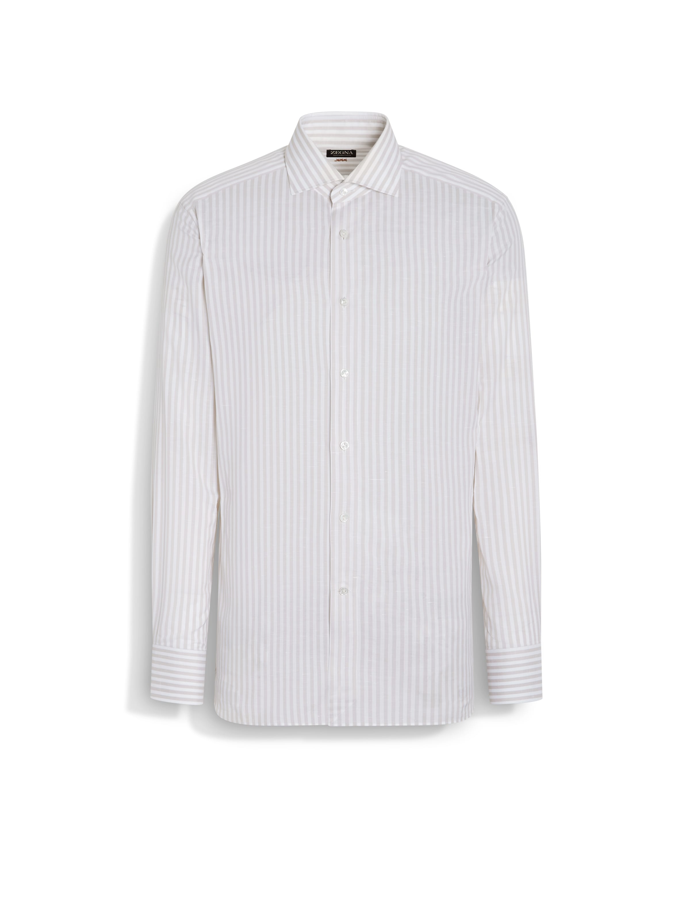 Zegna Light Beige And White Striped Centoventimila Cotton And Linen Shirt In Light Beige White