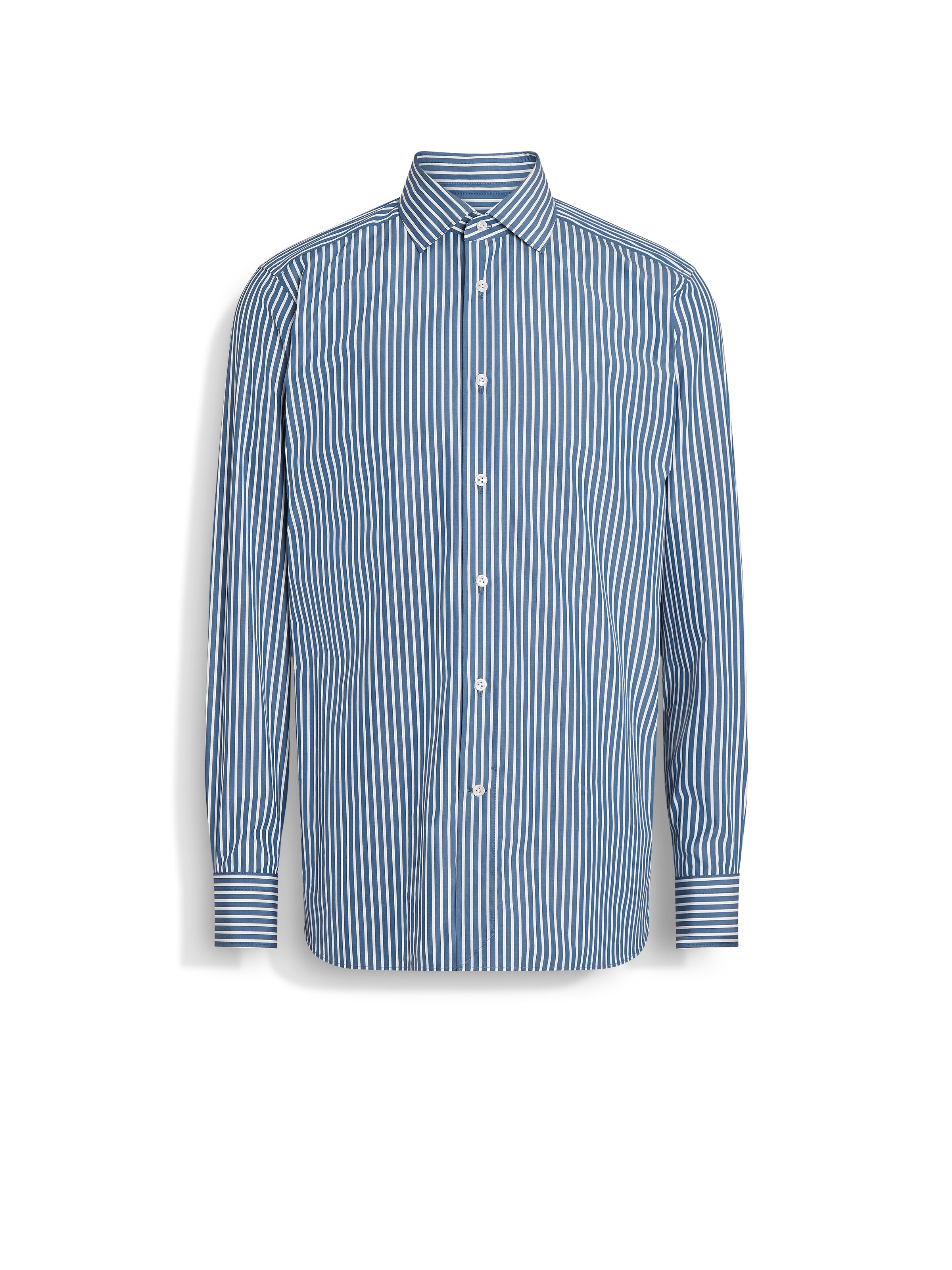 Zegna Dark Teal Blue And White Macro-striped Centoventimila Cotton Shirt In Bleu Sarcelle Foncé/blanc
