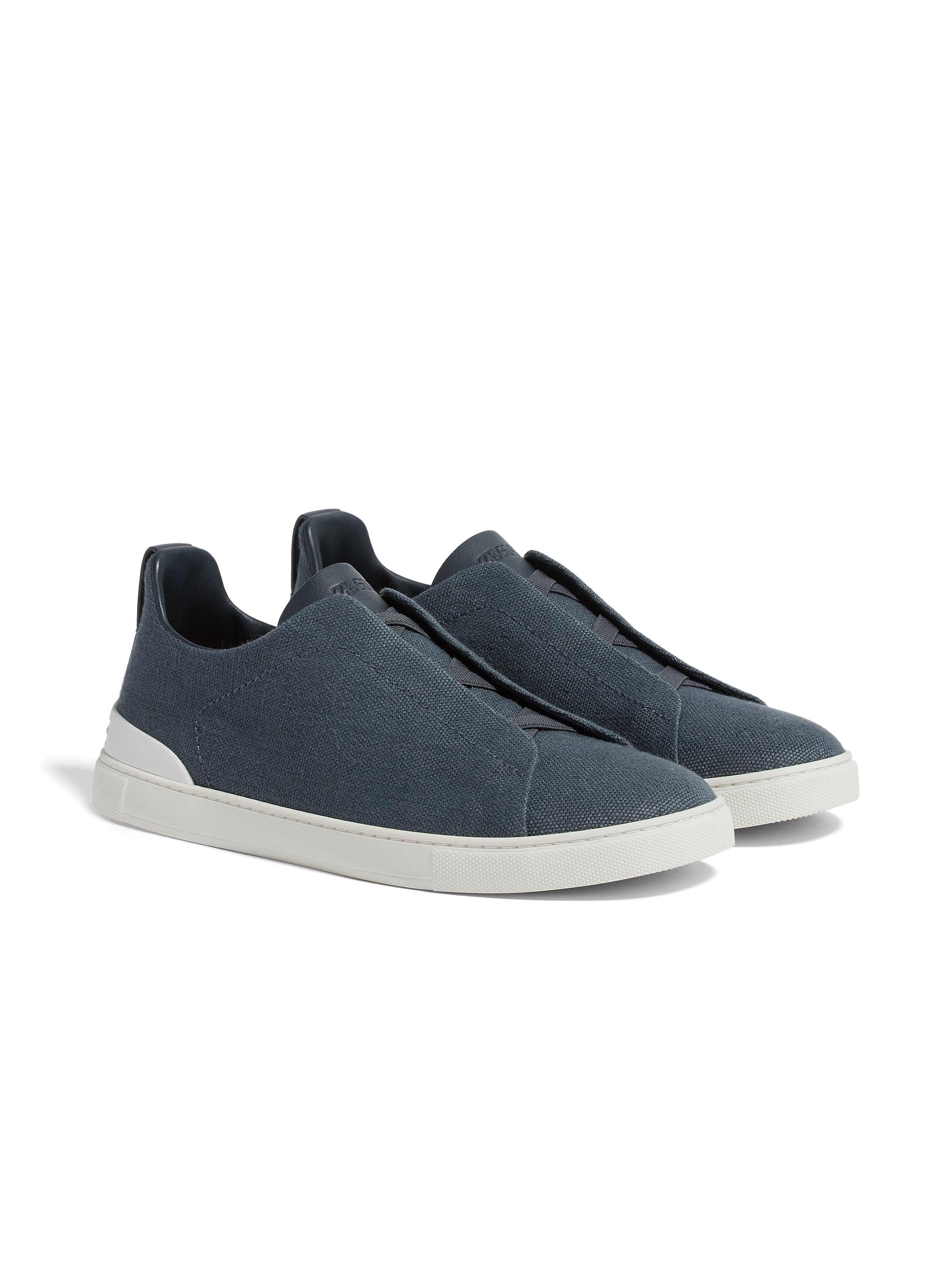 Zegna Baskets Triple Stitch En Coton, Lin Et Cuir Bleu Sarcelle Foncé In Dark Teal Blue