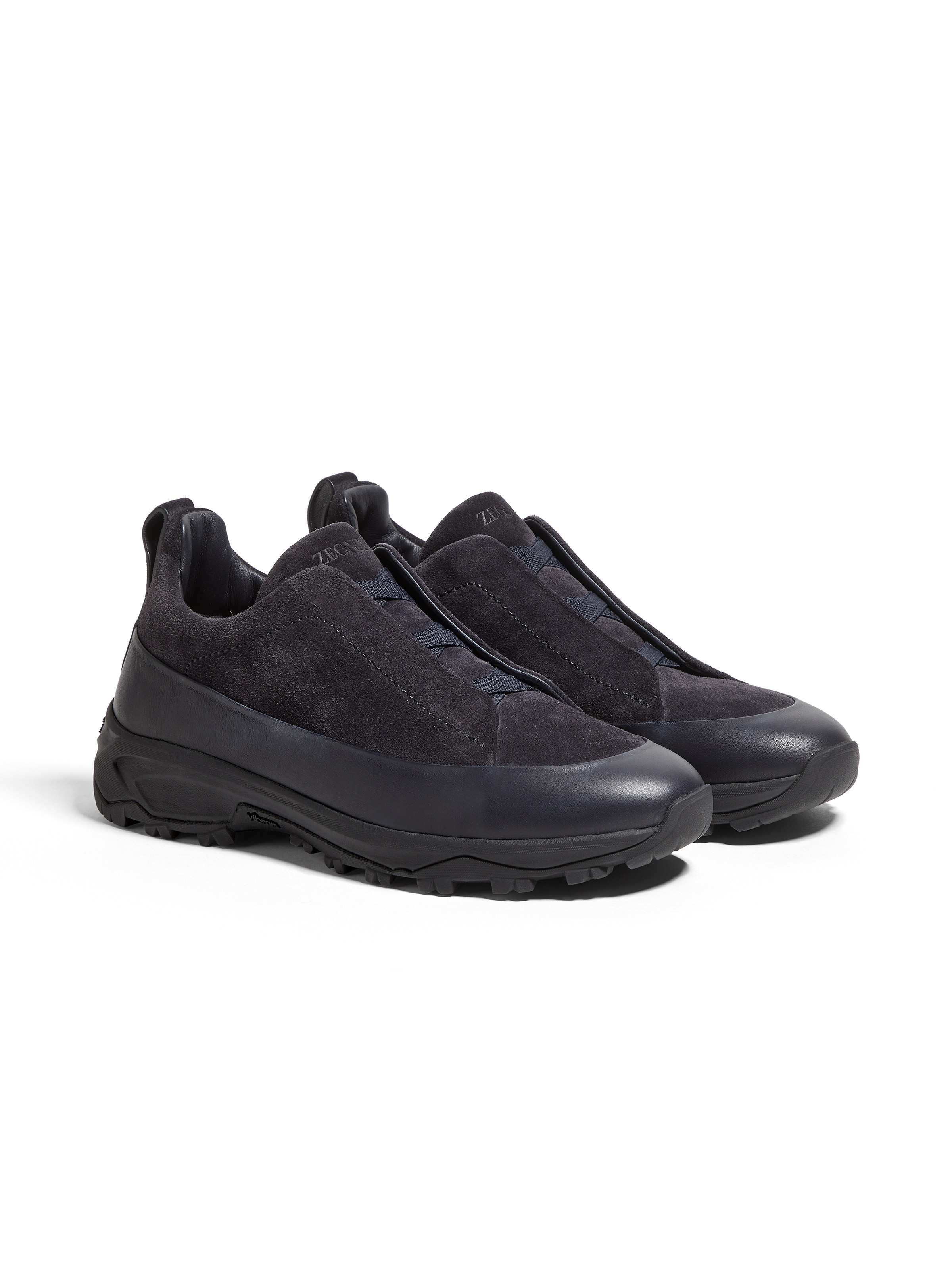 Zegna Navy Blue Leather And Suede Triple Stitch Monte Sneakers In Blue
