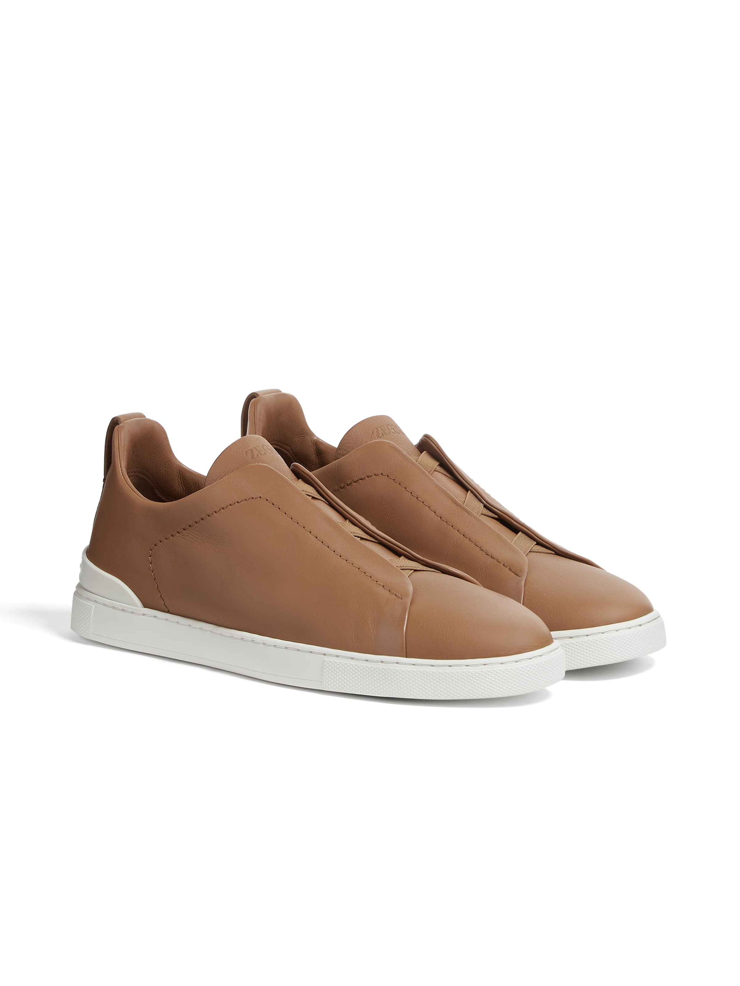 Zegna Men's Triple Stitch Secondskin Leather Slip-on Sneakers In Dark Beige
