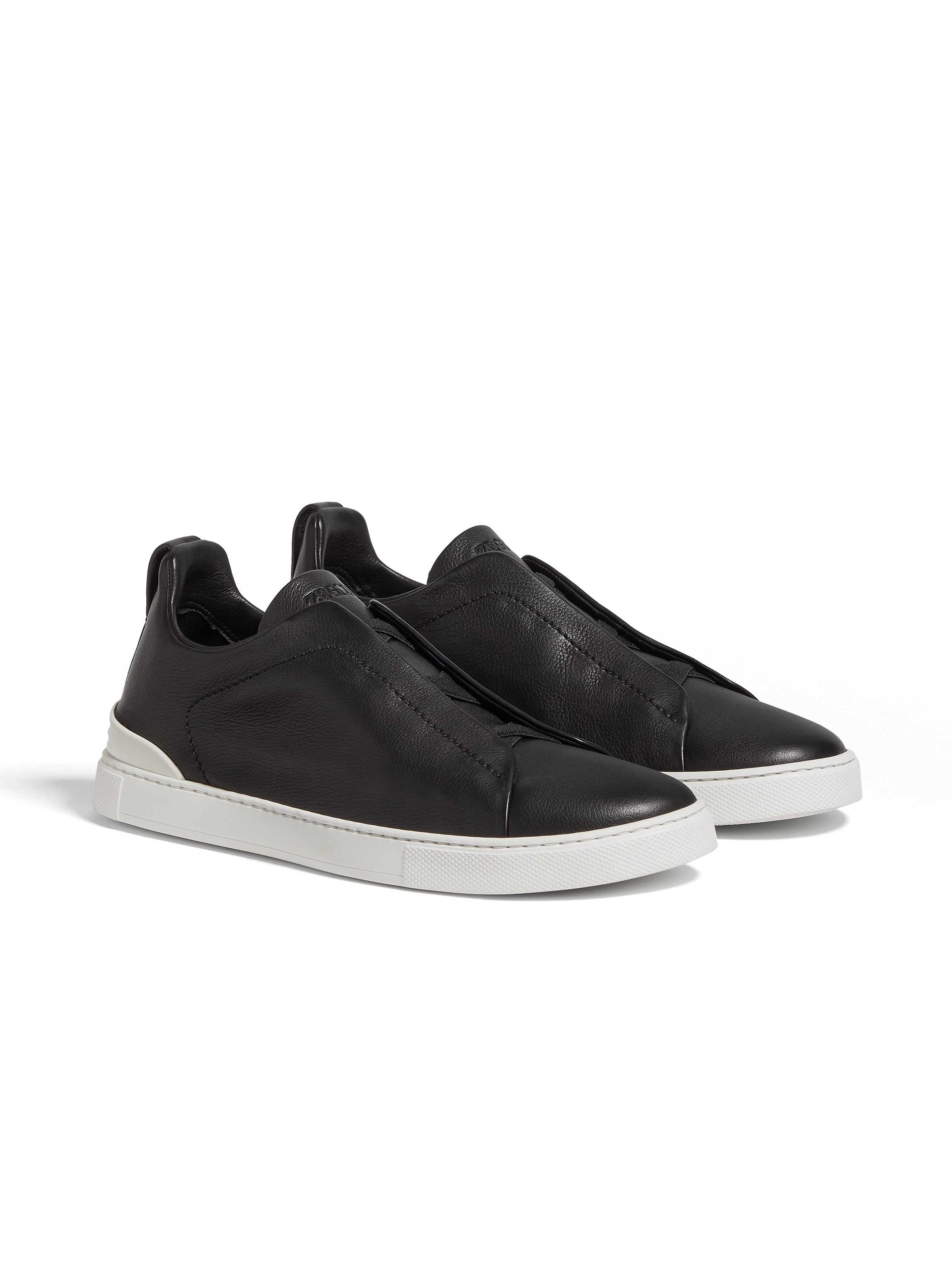 Zegna Black Leather Triple Stitch Sneakers