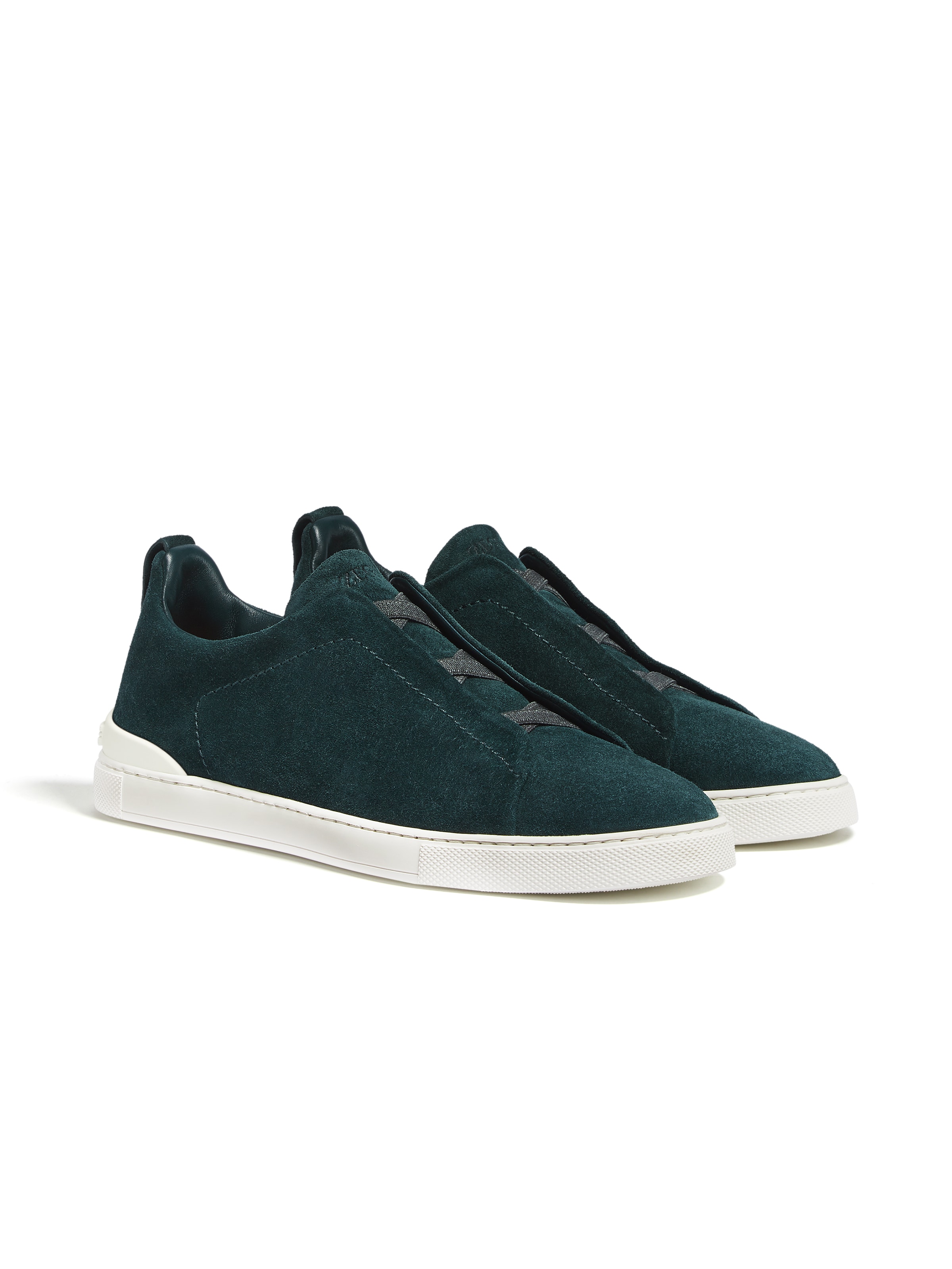 Zegna Baskets Triple Stitch En Veau Velours Vert Foncé In Dark Green