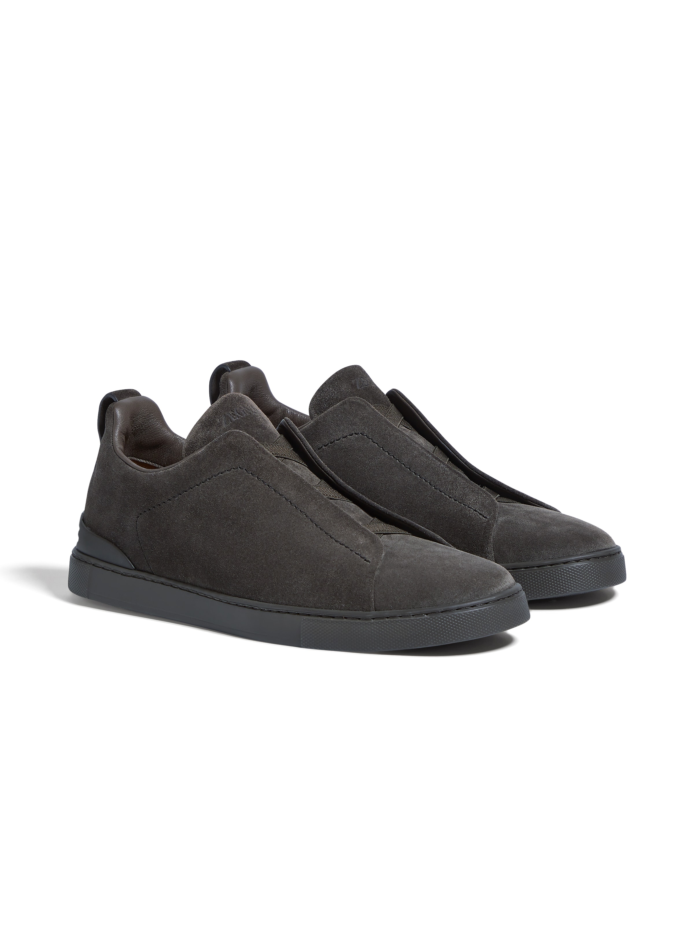 Zegna Grey Suede Triple Stitch Sneakers In Grey