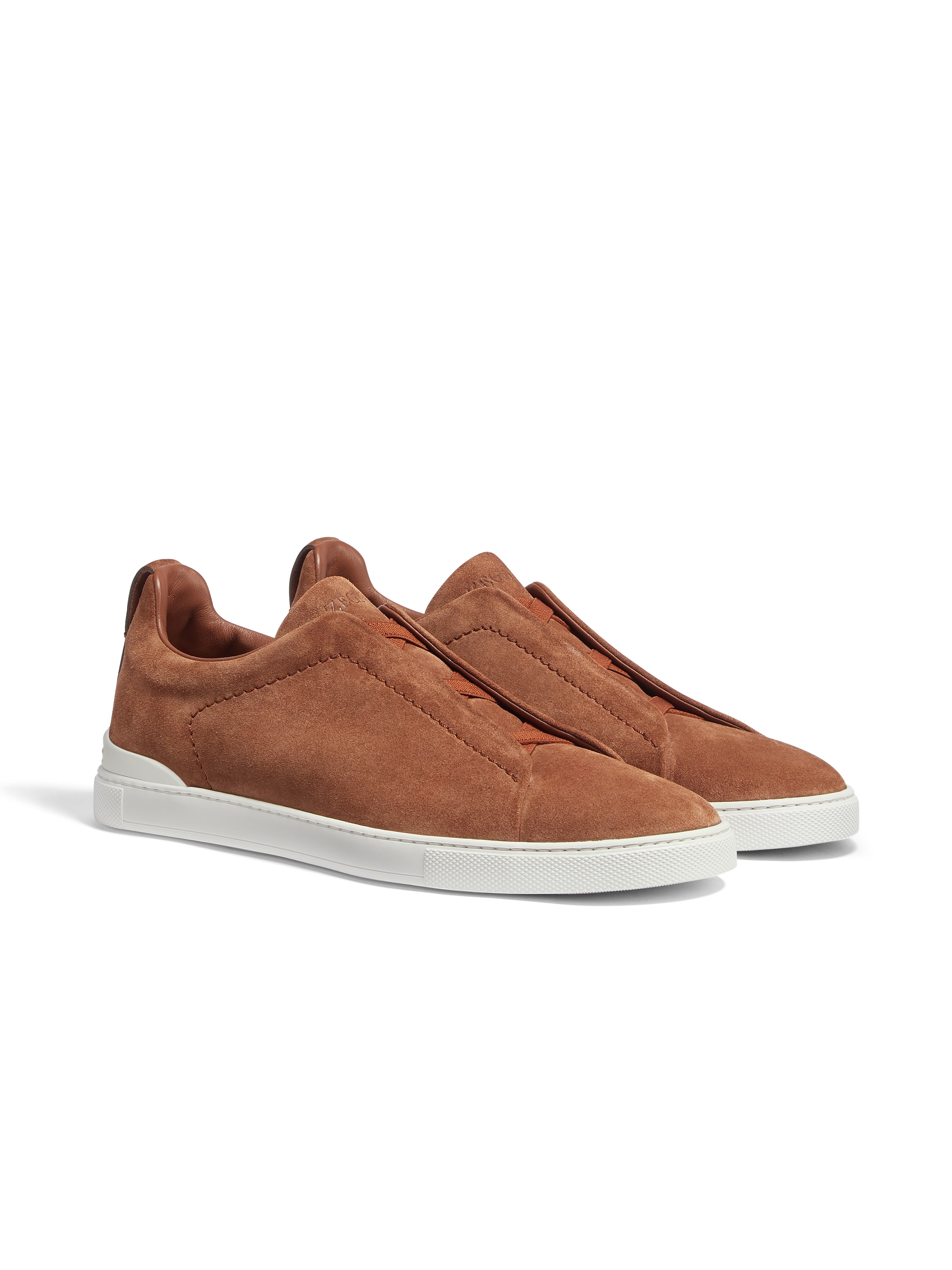 Zegna Tobacco Suede Triple Stitch Sneakers In Brun Tabac